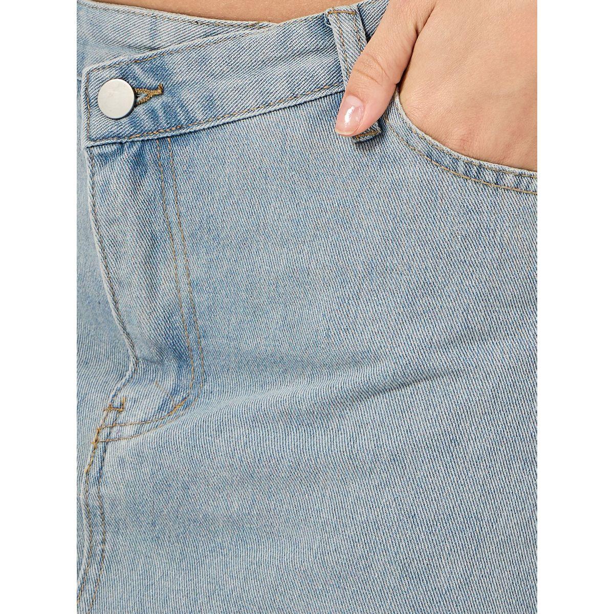 Styli Solid Denim Midi Skirt with Front Slit-women-clothing-bottoms-skirts-image-3