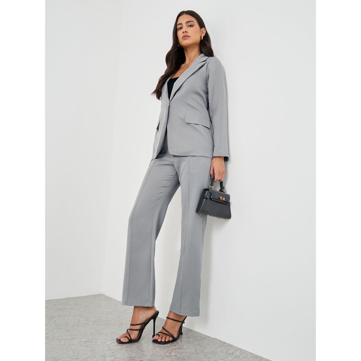 Styli Solid Lapel Collar Blazer and Trousers Co-Ords-women-clothing-coordsets-image-1