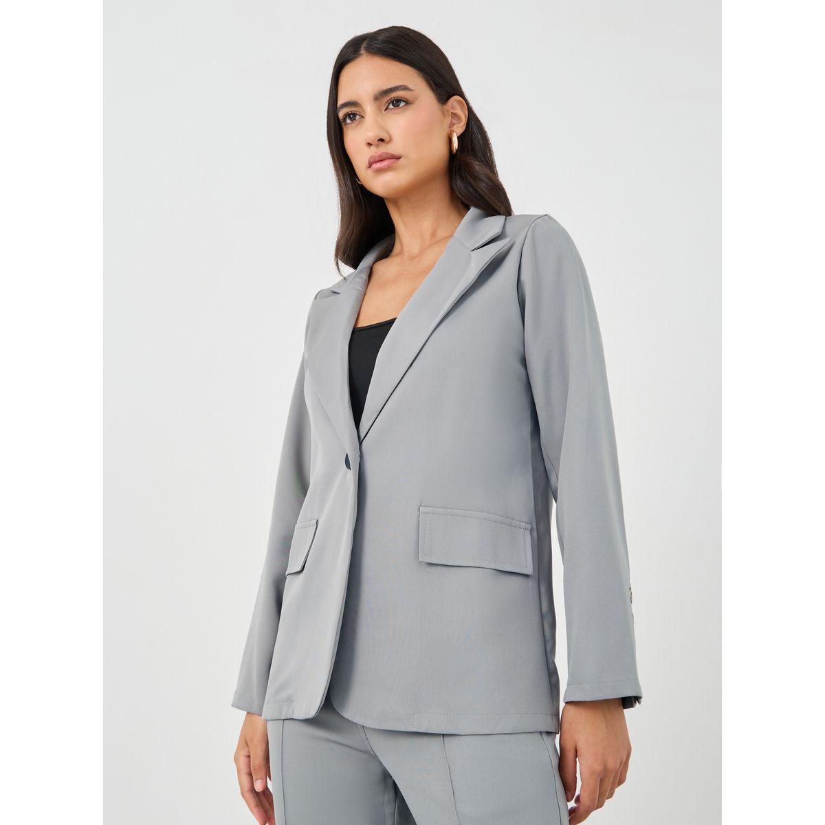 طقم منسق من بنطال وبليزر سادة بياقة ليبل-women-clothing-coordsets-image-2