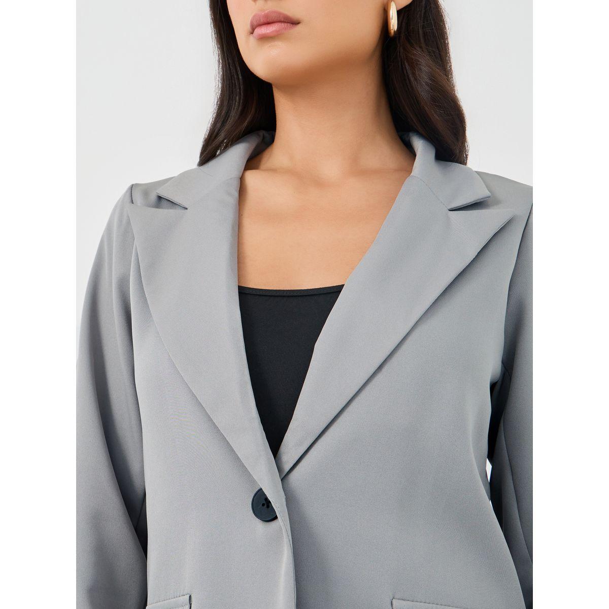 طقم منسق من بنطال وبليزر سادة بياقة ليبل-women-clothing-coordsets-image-3