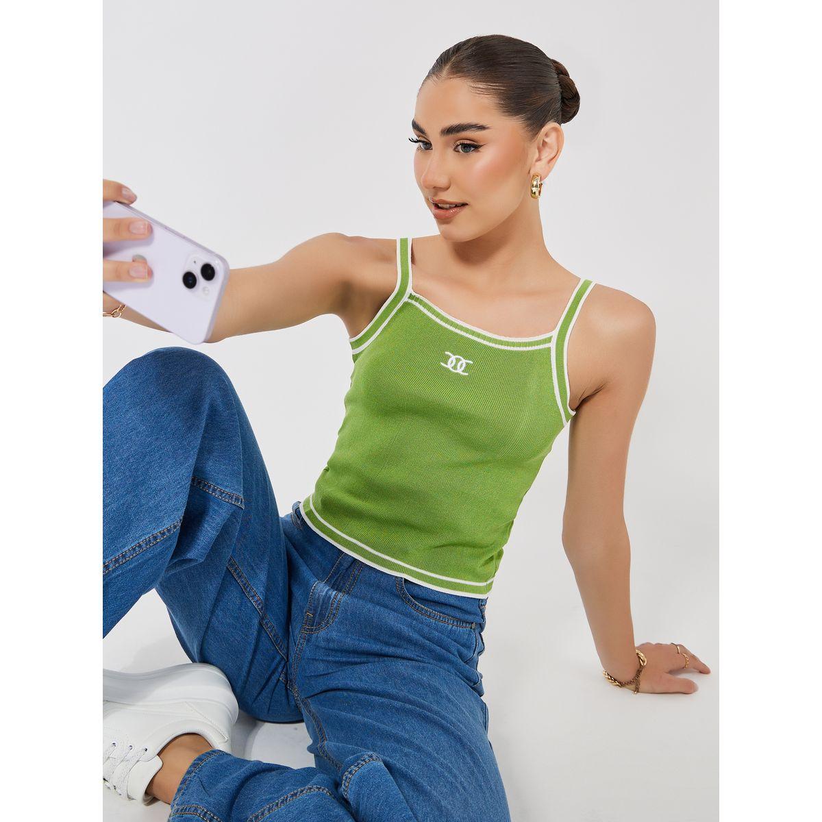 Styli Contrast Binding Square Neck Fitted Knit Tank-women-clothing-tshirts-image-1