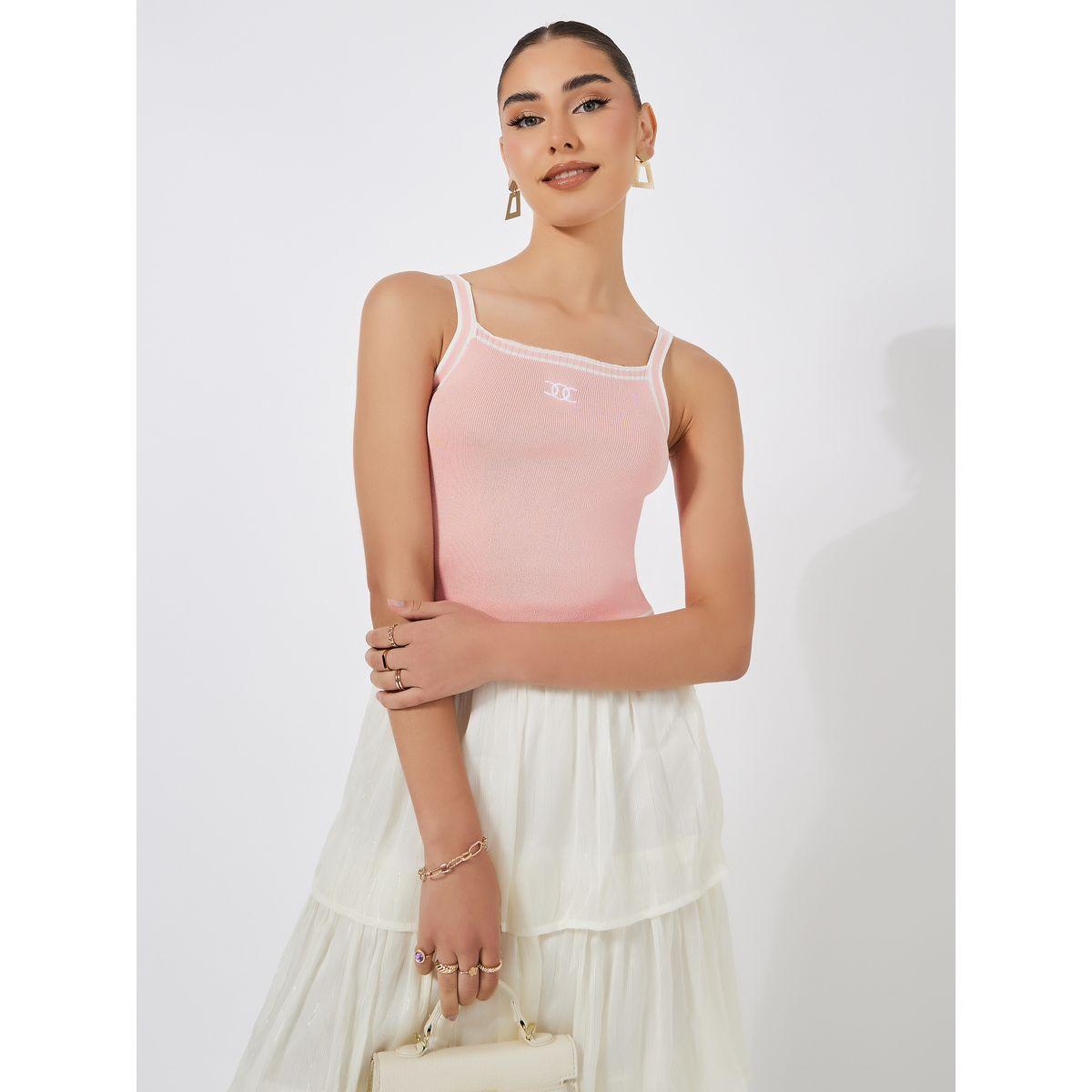 Styli Contrast Binding Square Neck Fitted Knit Tank-women-clothing-tshirts-image-1