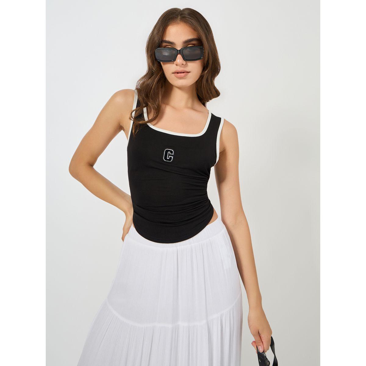 Styli Embroidered Contrast Binding Square Neck Regular Tank-women-clothing-tshirts-image-1