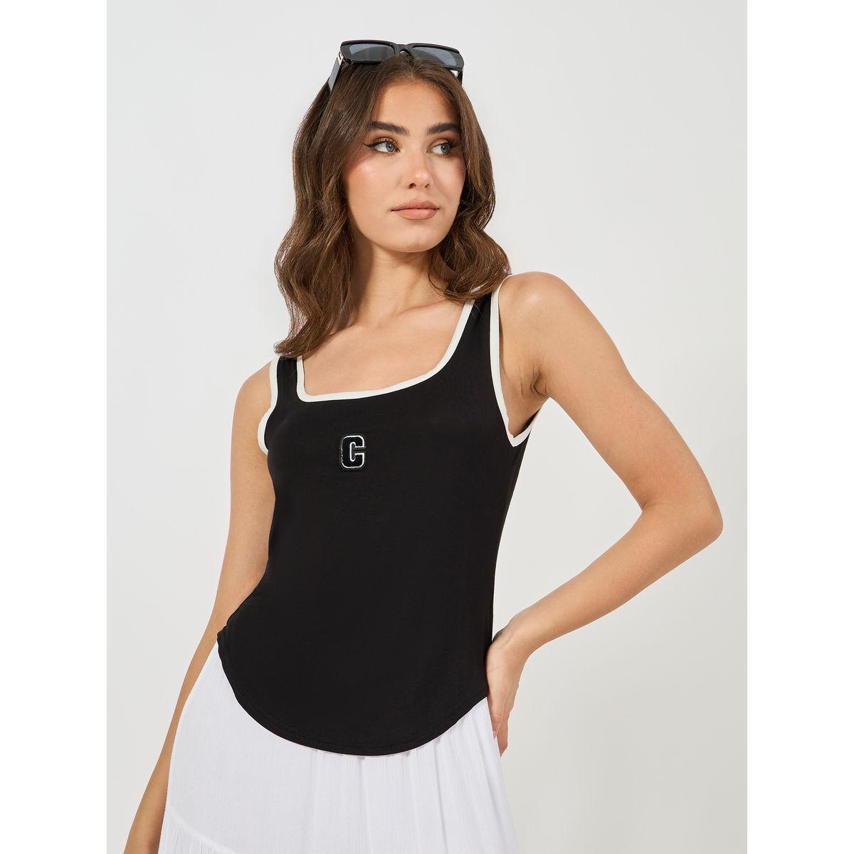 Styli Embroidered Contrast Binding Square Neck Regular Tank-women-clothing-tshirts-image-3