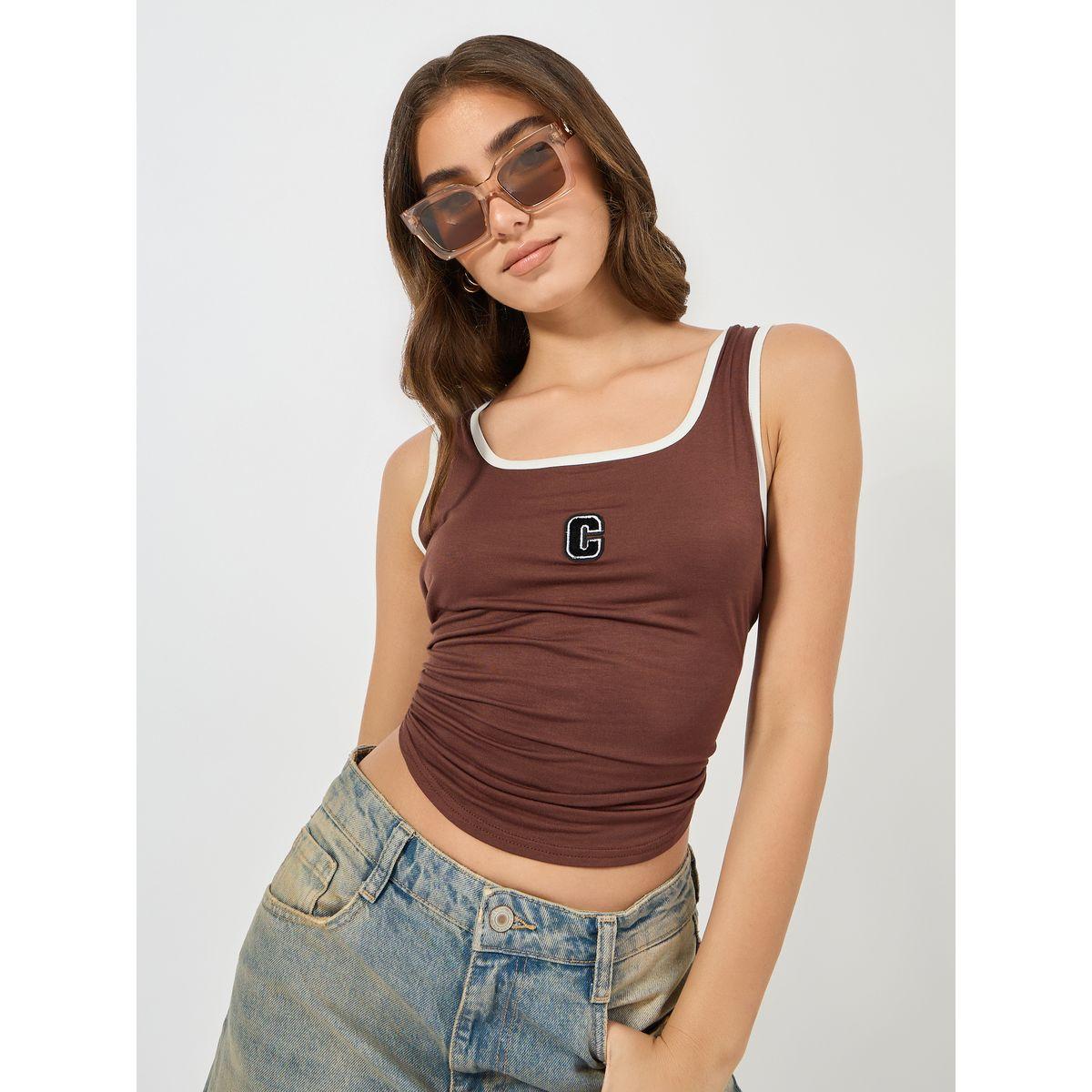 Styli Embroidered Contrast Binding Square Neck Regular Tank-women-clothing-tshirts-image-1