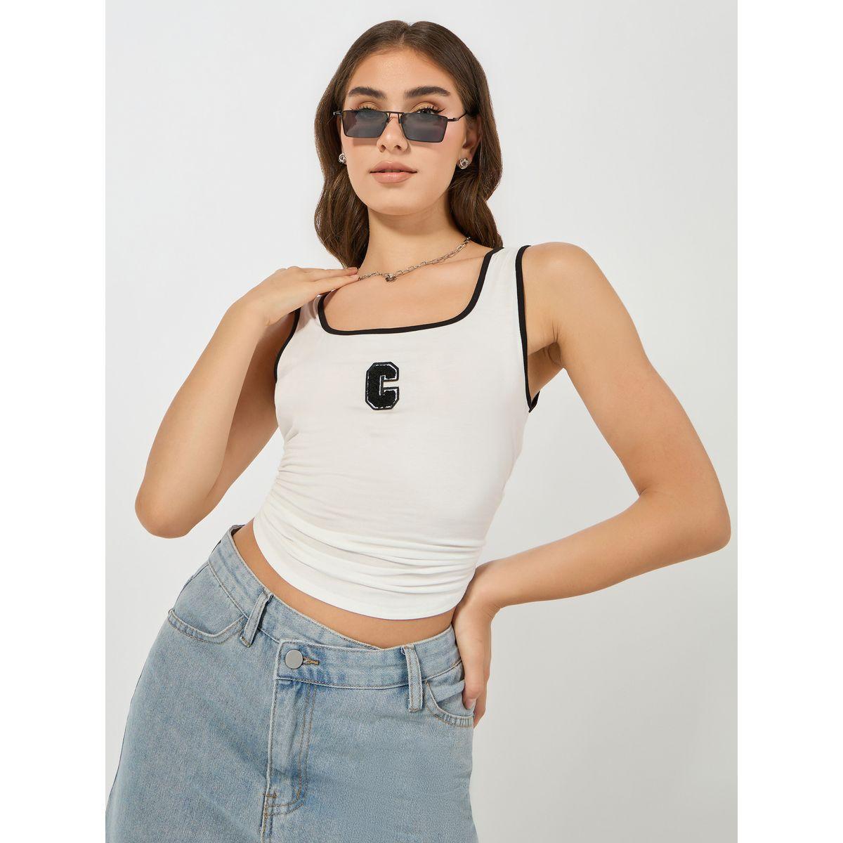 Styli Embroidered Contrast Binding Square Neck Regular Tank-women-clothing-tshirts-image-1