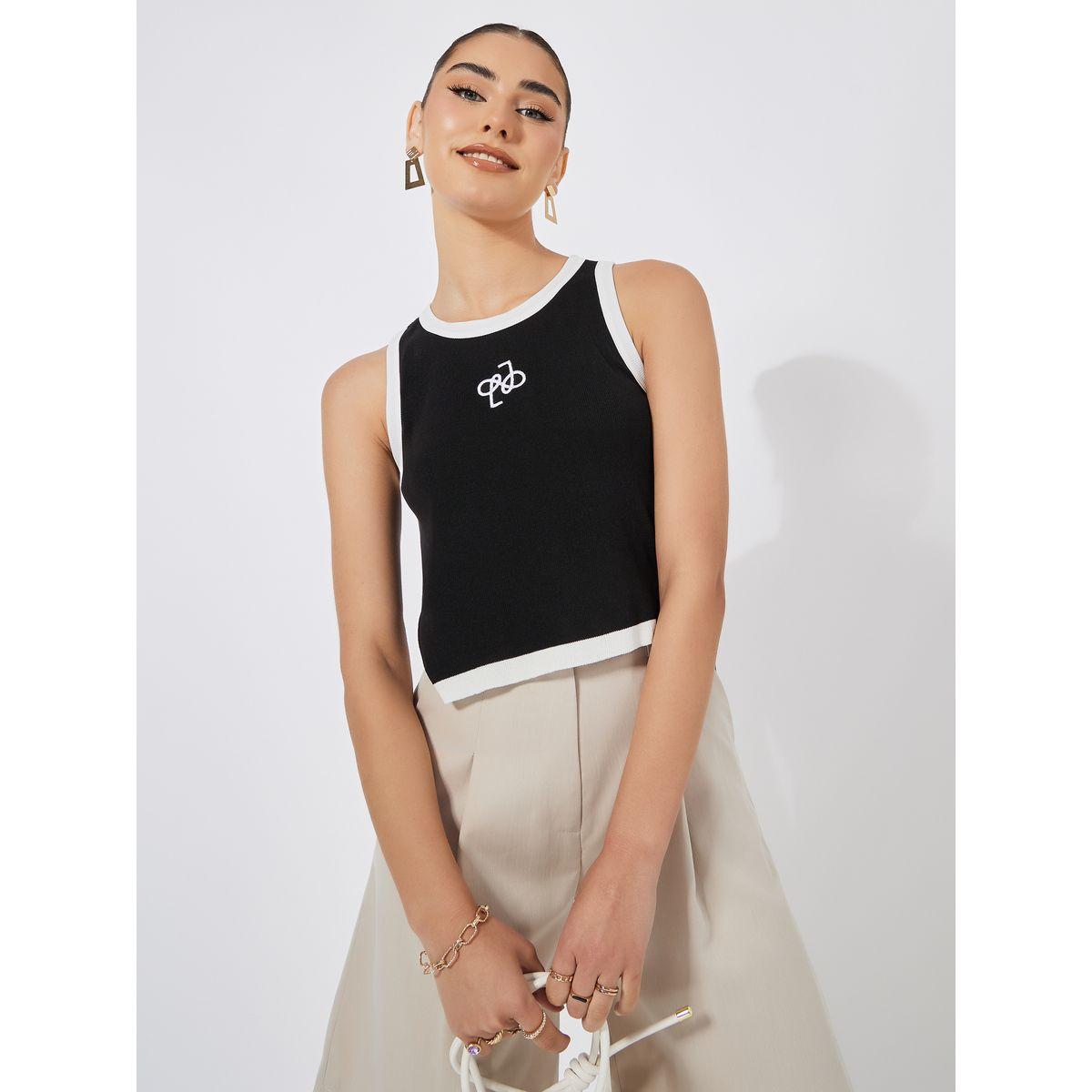 Styli Fitted Knit Embroidered Contrast Binding Tank-women-clothing-tshirts-image-1