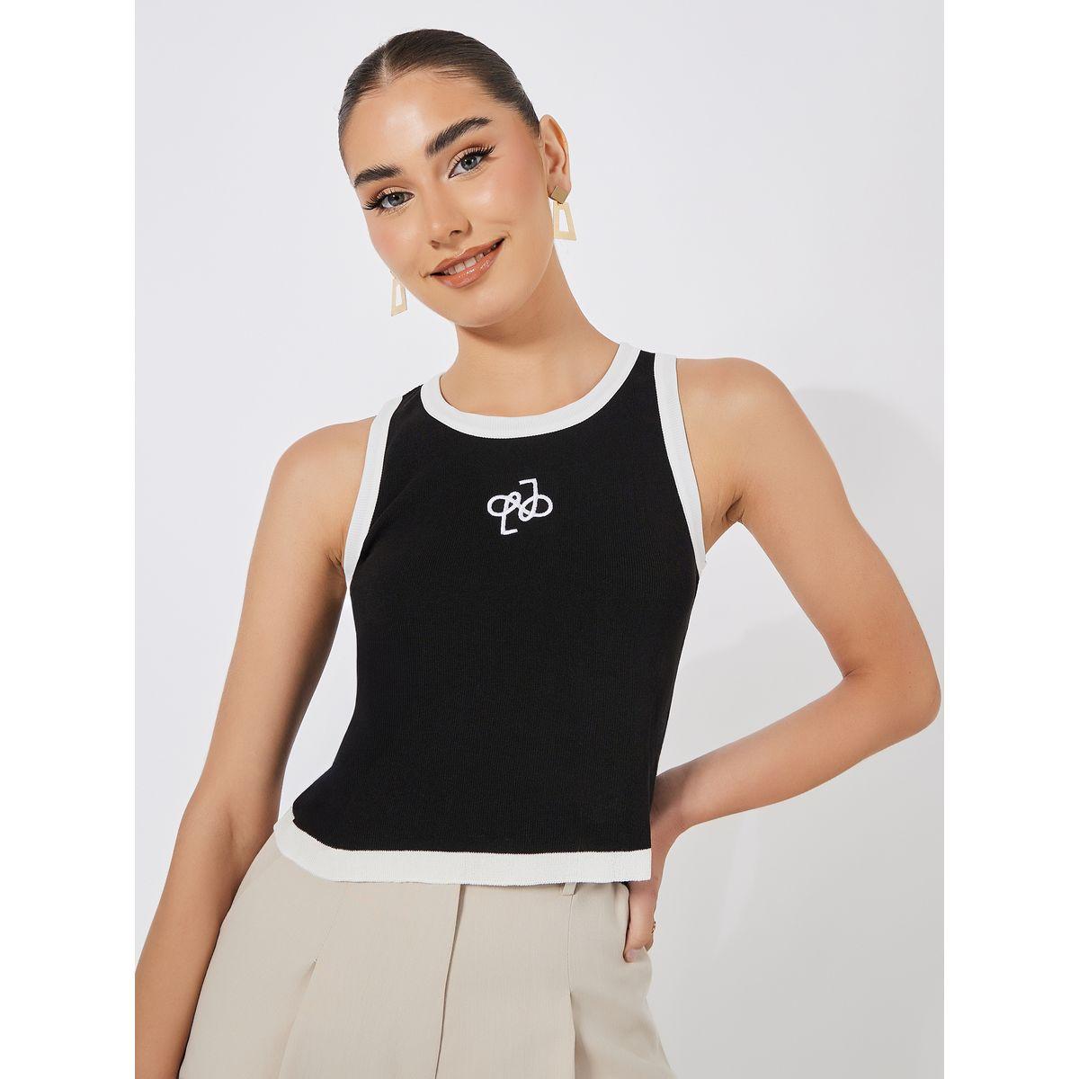 Styli Fitted Knit Embroidered Contrast Binding Tank-women-clothing-tshirts-image-3