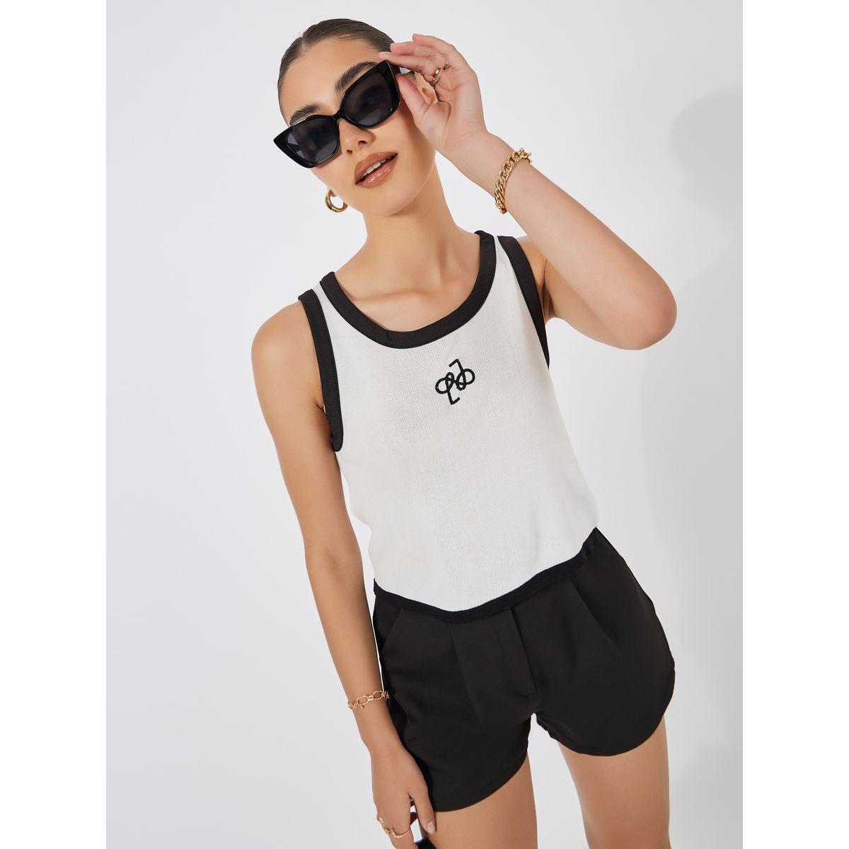 Styli Fitted Knit Embroidered Contrast Binding Tank-women-clothing-tshirts-image-1
