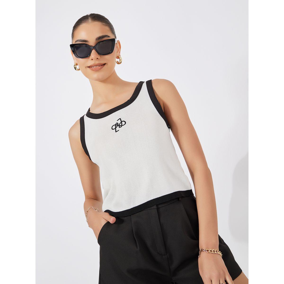 Styli Fitted Knit Embroidered Contrast Binding Tank-women-clothing-tshirts-image-3