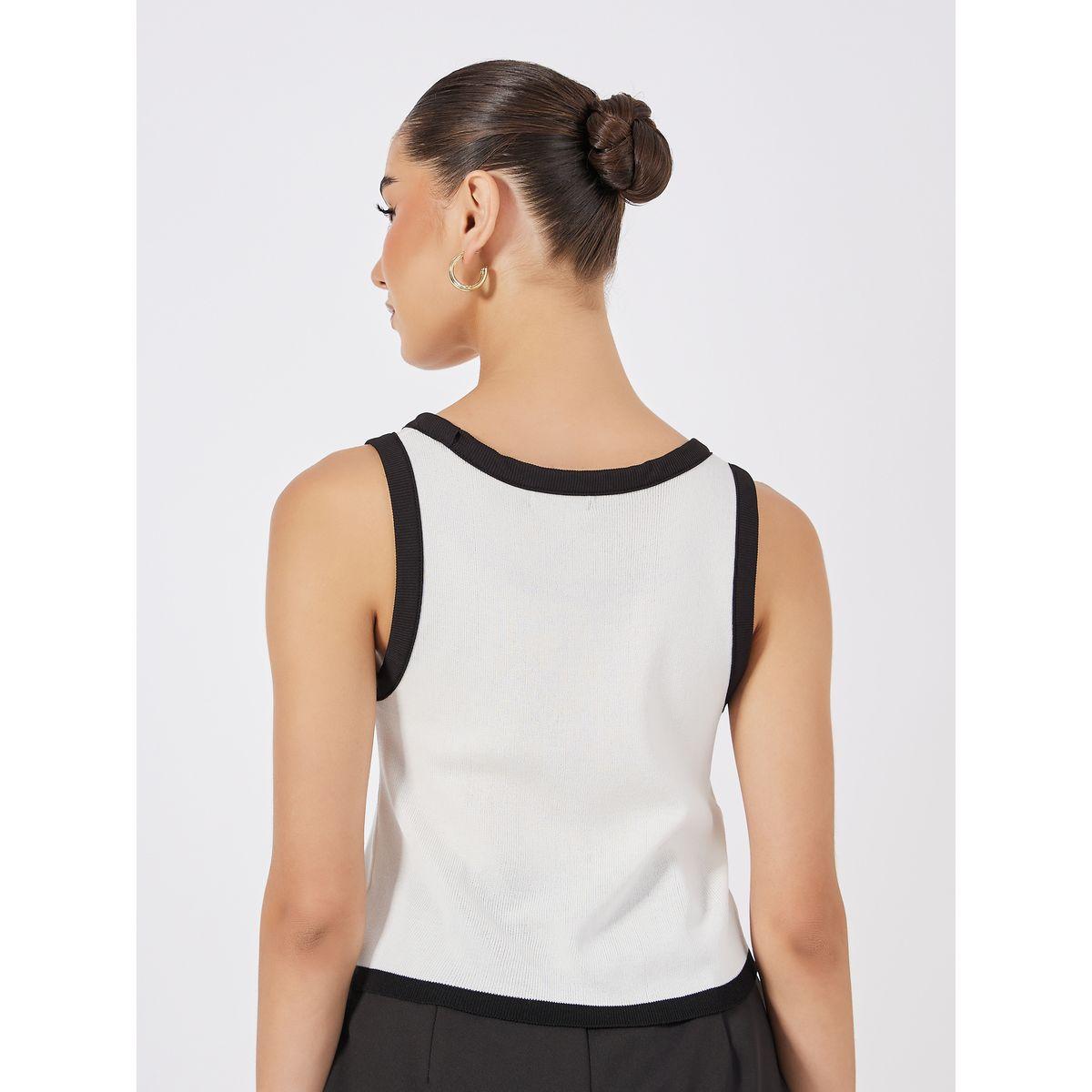 Styli Fitted Knit Embroidered Contrast Binding Tank-women-clothing-tshirts-image-5