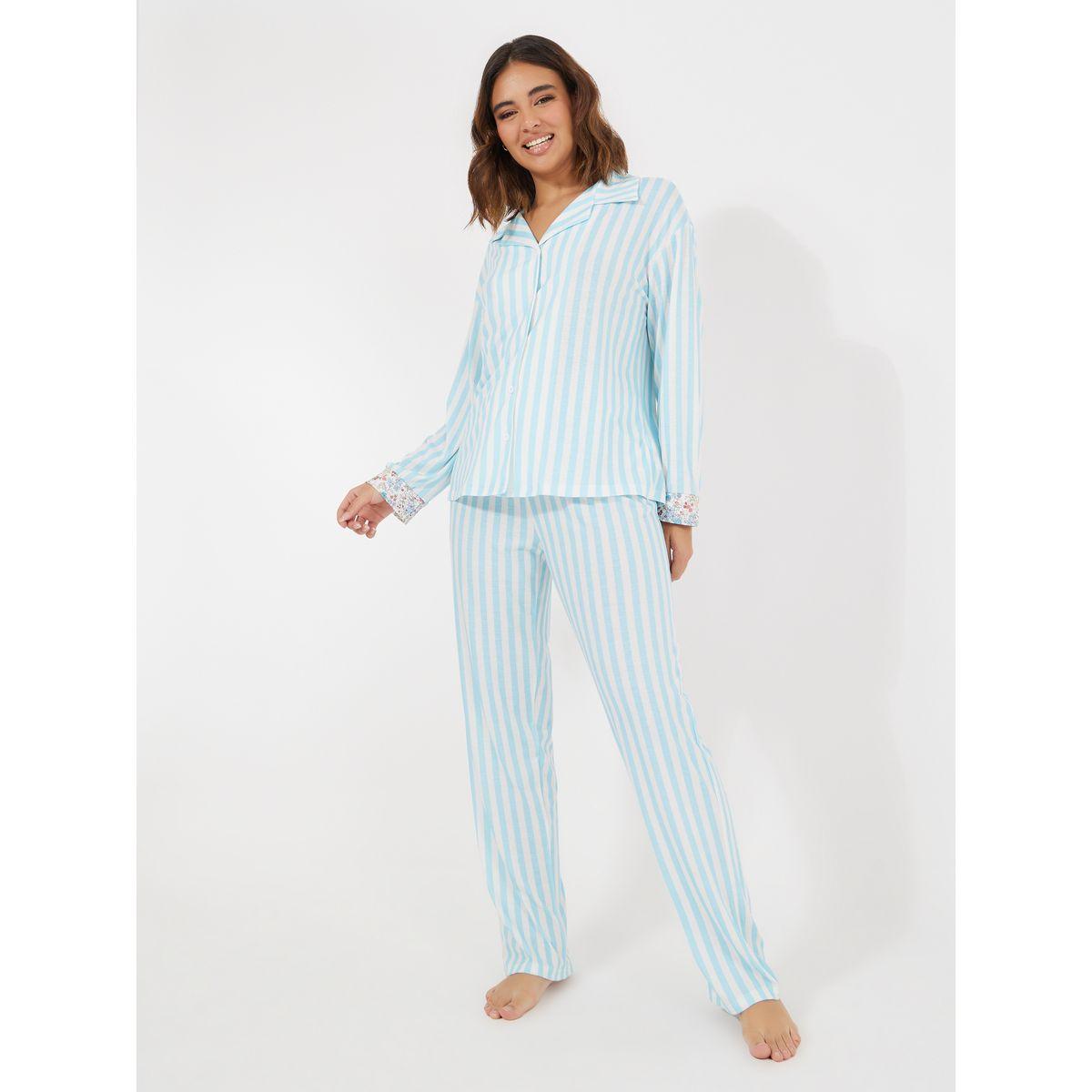 Styli Unwind Striped & Floral Contrast Long Sleeve Shirt & Pyjama Set-women-clothing-nightwear-pyjamas-longsets-image-1