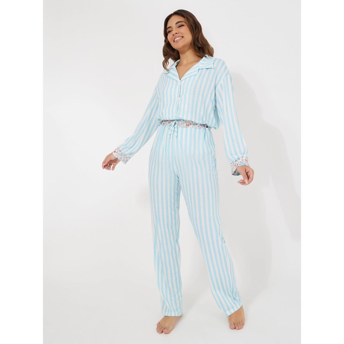 Styli Unwind Striped & Floral Contrast Long Sleeve Shirt & Pyjama Set-women-clothing-nightwear-pyjamas-longsets-image-2