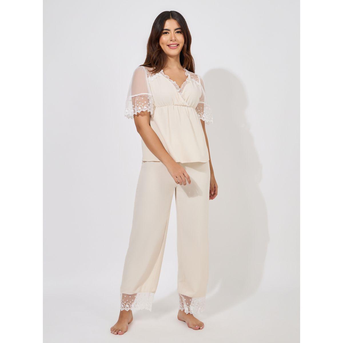 Styli Unwind Mesh Sleeve V Neck Top & Pyjama Set-women-clothing-nightwear-pyjamas-longsets-image-1