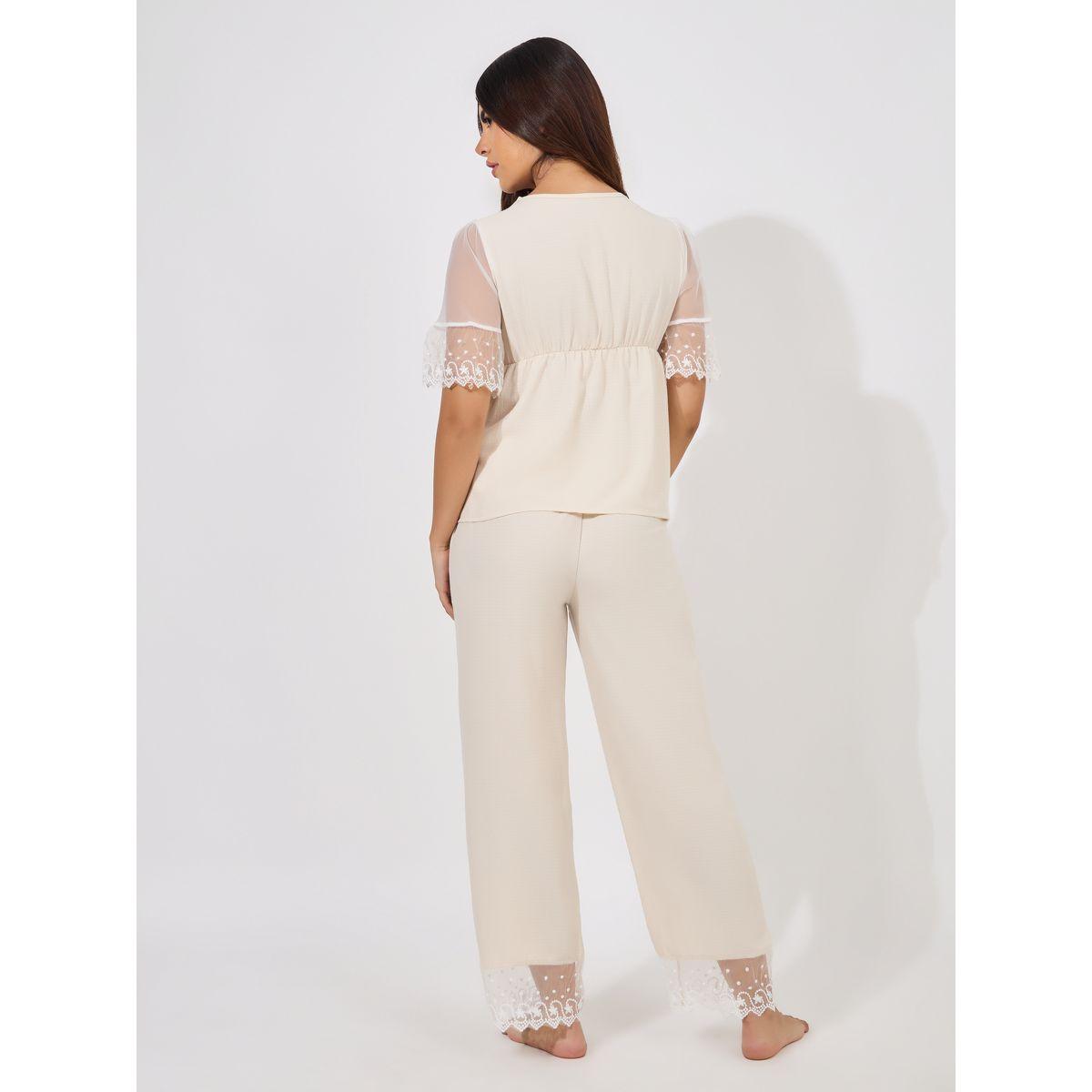 طقم من بنطال بيجاما مع بلوزة باكمام شبك-women-clothing-nightwear-pyjamas-longsets-image-4