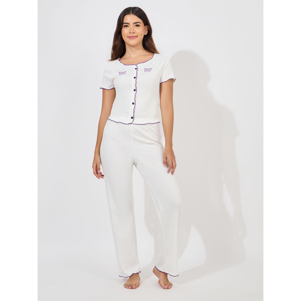 طقم من بنطال بيجاما مع بلوزة بتفاصيل مُتباينة وازرار-women-clothing-nightwear-pyjamas-longsets-image-1