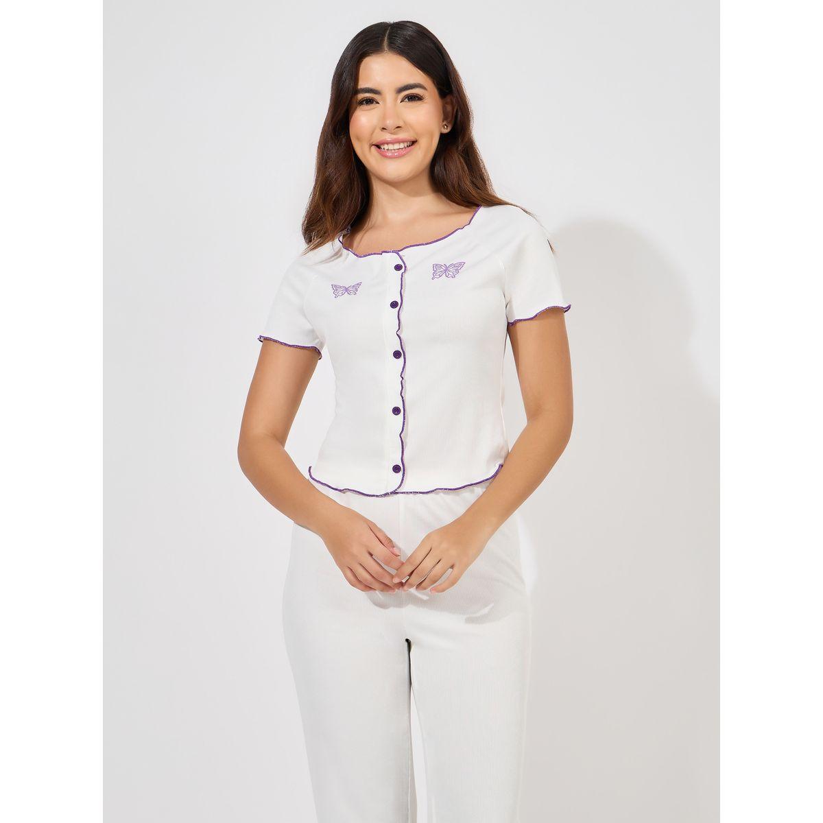 Styli Unwind Butterfly Button Front Contrast Lettuce Edge Shirt & Pyjama Set-women-clothing-nightwear-pyjamas-longsets-image-2