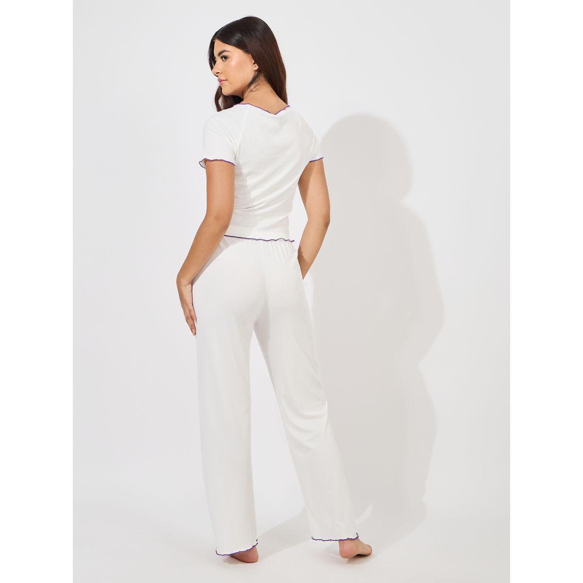 Styli Unwind Butterfly Button Front Contrast Lettuce Edge Shirt & Pyjama Set-women-clothing-nightwear-pyjamas-longsets-image-4