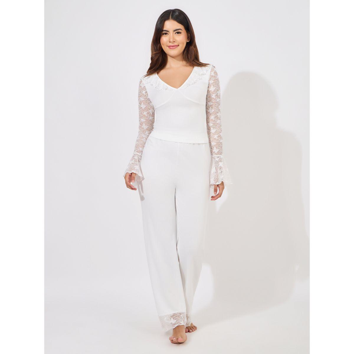 Styli Unwind Butterfly Lace Ruffle Neck Top & Pyjama Set-women-clothing-nightwear-pyjamas-longsets-image-1
