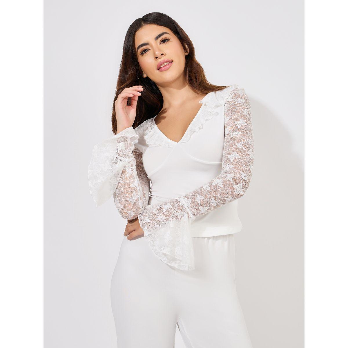 Styli Unwind Butterfly Lace Ruffle Neck Top & Pyjama Set-women-clothing-nightwear-pyjamas-longsets-image-2