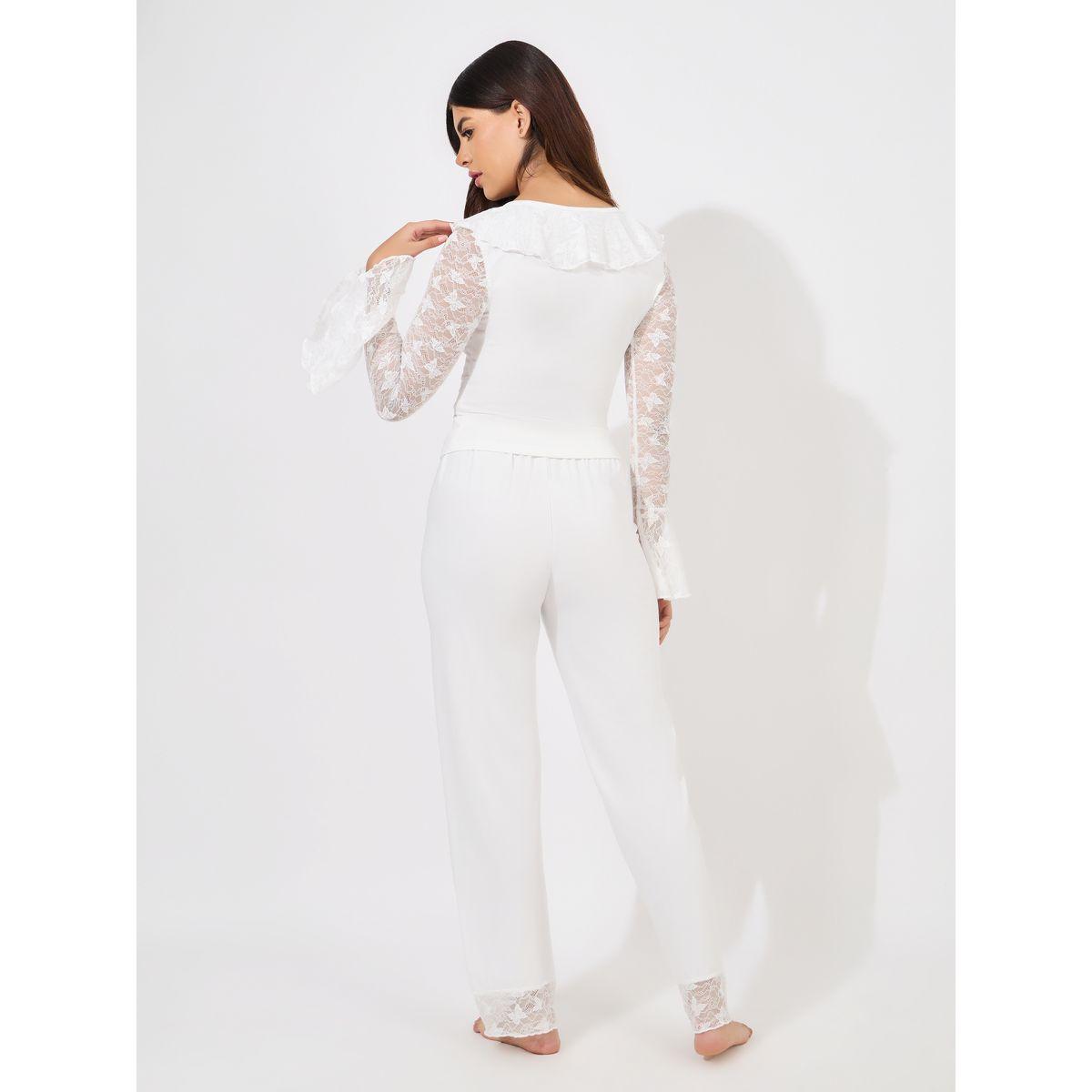Styli Unwind Butterfly Lace Ruffle Neck Top & Pyjama Set-women-clothing-nightwear-pyjamas-longsets-image-4