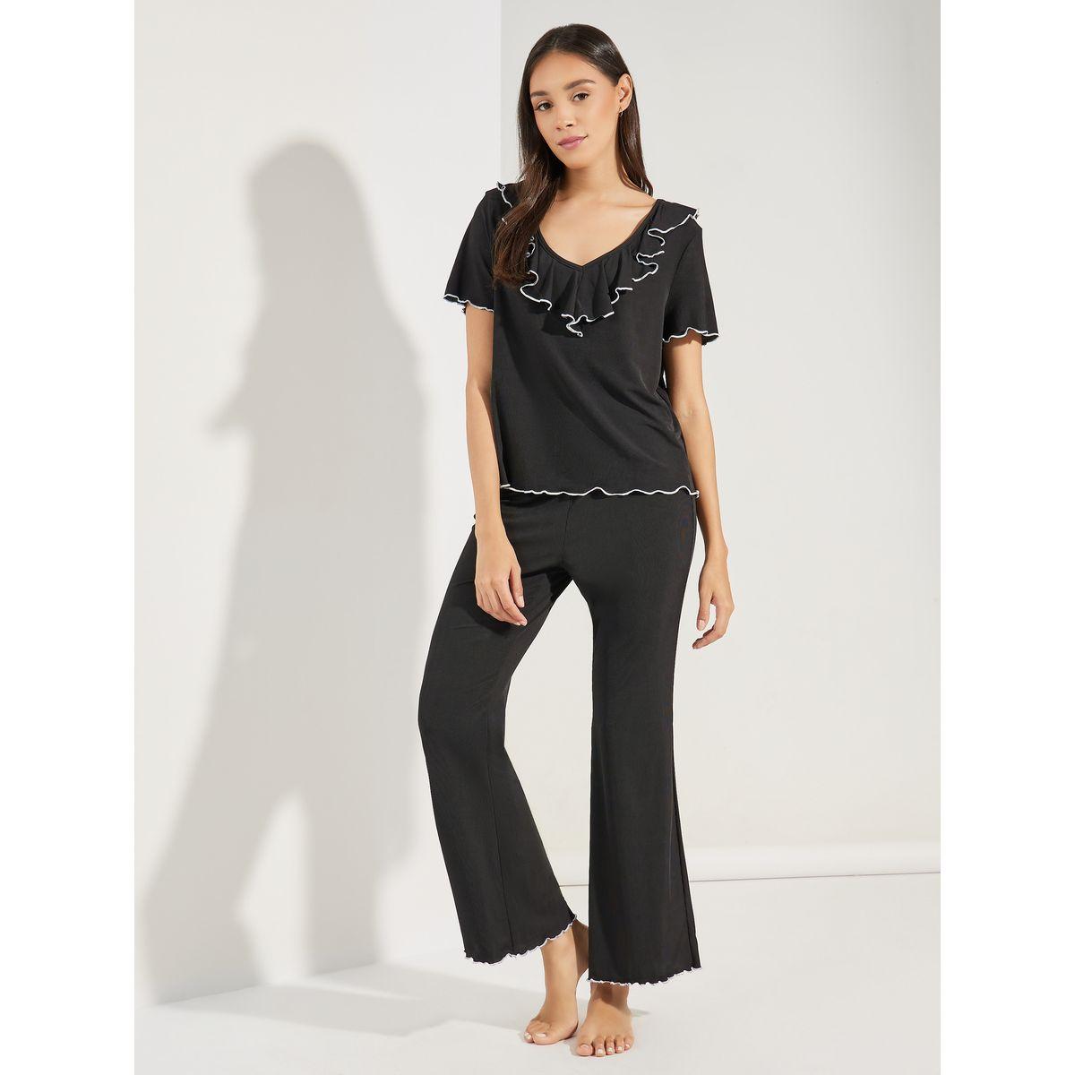 Styli Unwind Ruffled V-Neck Top & Flared Pant Pyjama Set-women-clothing-nightwear-pyjamas-longsets-image-1