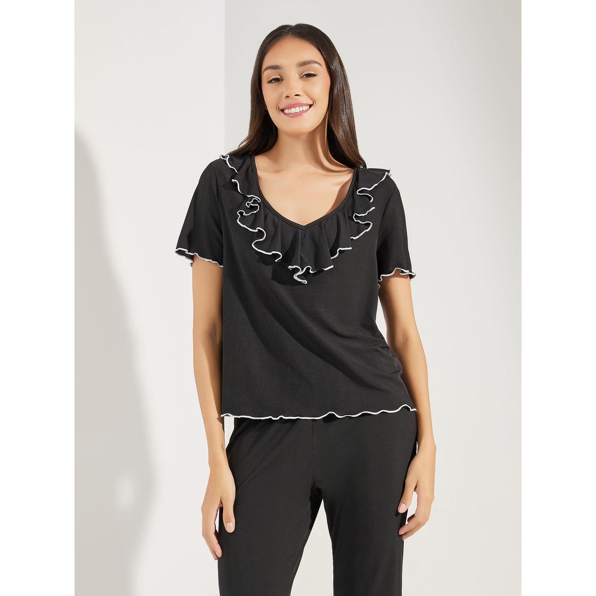 Styli Unwind Ruffled V-Neck Top & Flared Pant Pyjama Set-women-clothing-nightwear-pyjamas-longsets-image-2