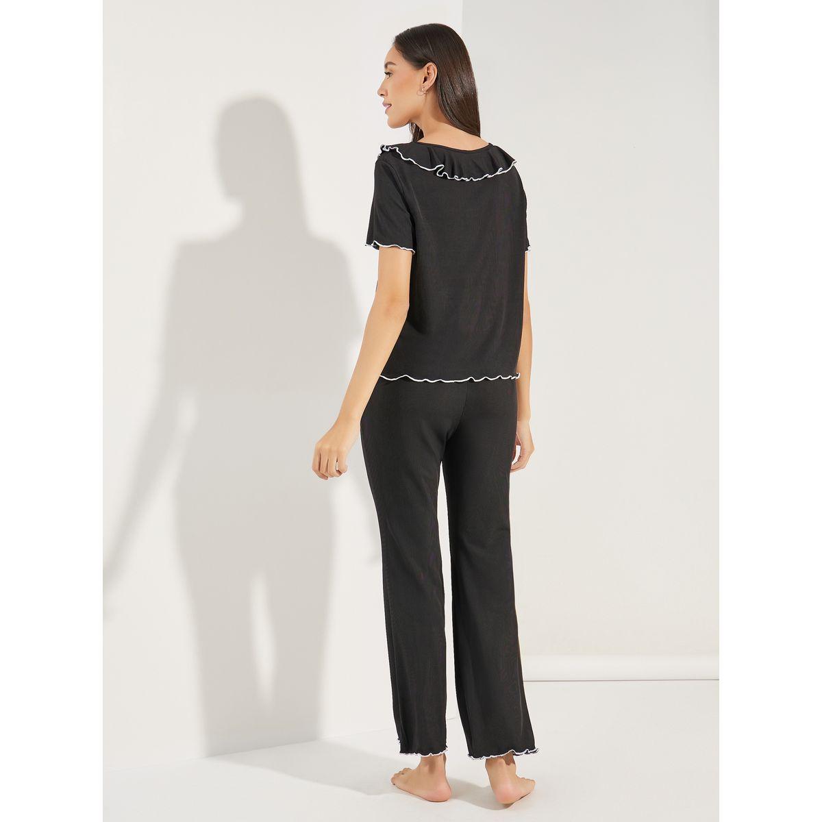 Styli Unwind Ruffled V-Neck Top & Flared Pant Pyjama Set-women-clothing-nightwear-pyjamas-longsets-image-4