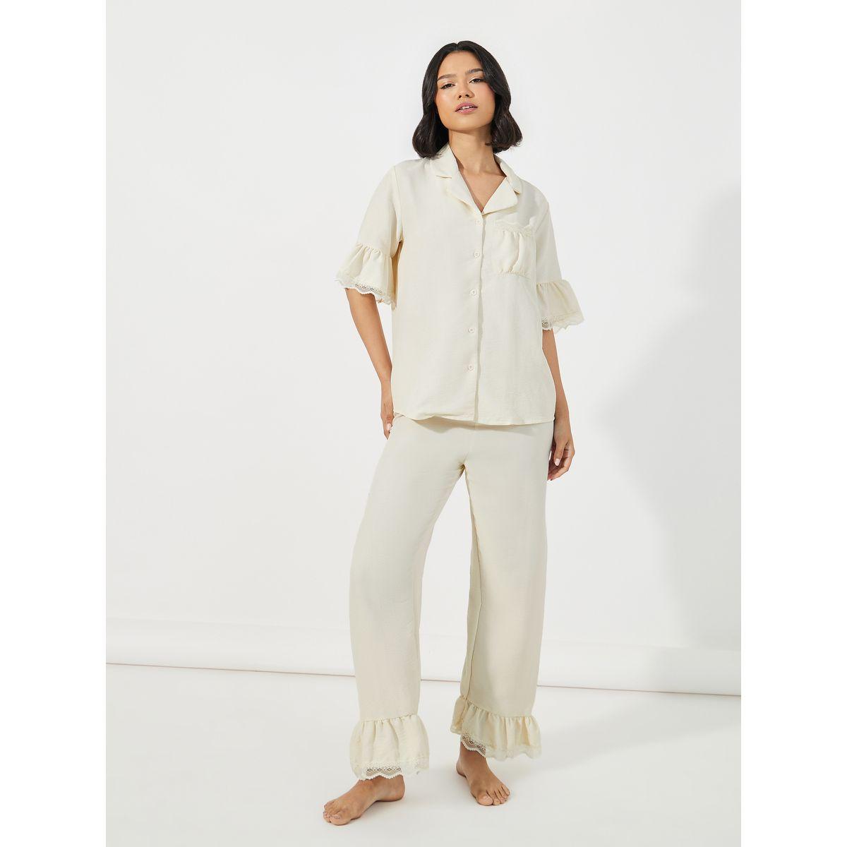Styli Unwind Textured Ruffled Hem Lace Detail Shirt & Pyjama Set-women-clothing-nightwear-pyjamas-longsets-image-1