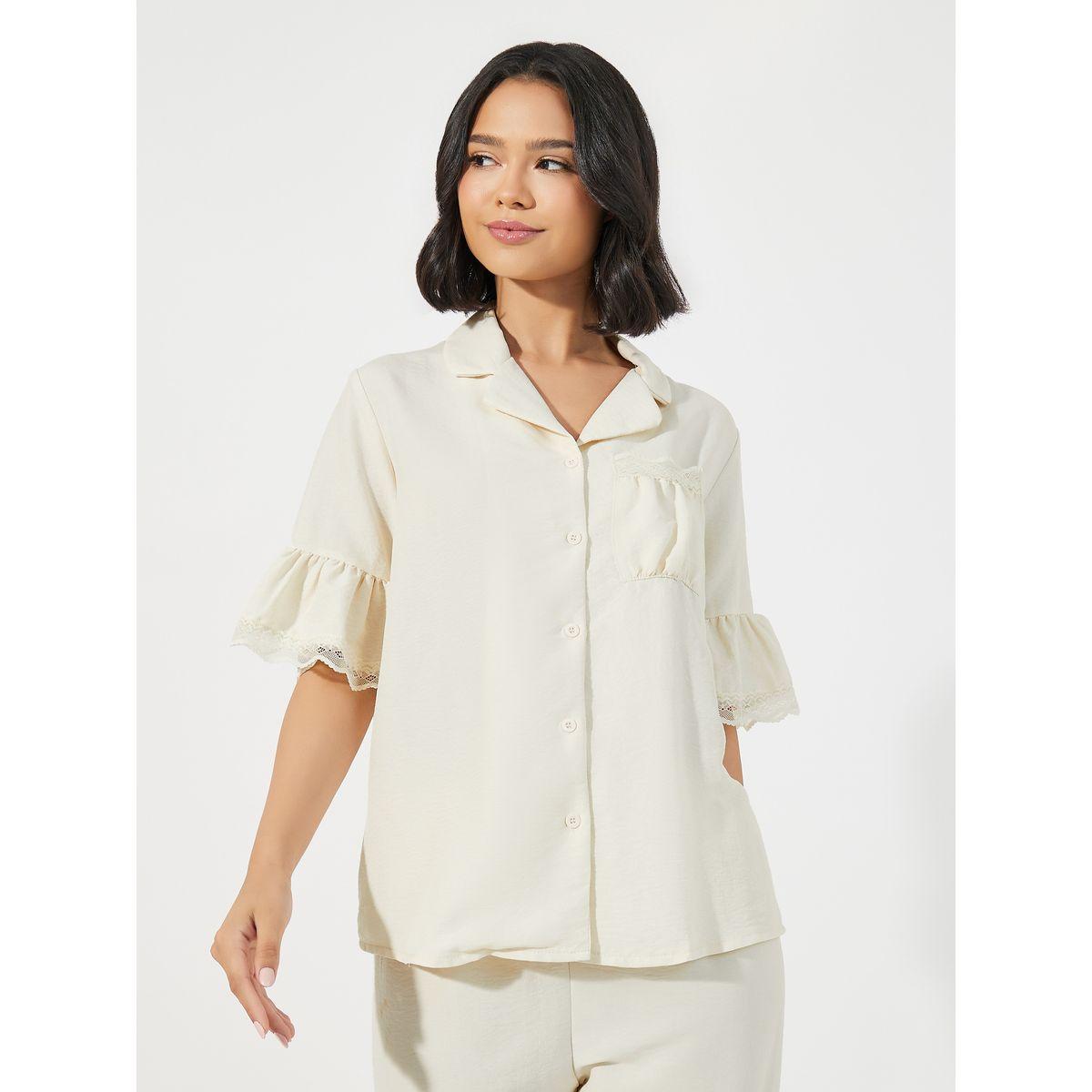 Styli Unwind Textured Ruffled Hem Lace Detail Shirt & Pyjama Set-women-clothing-nightwear-pyjamas-longsets-image-2
