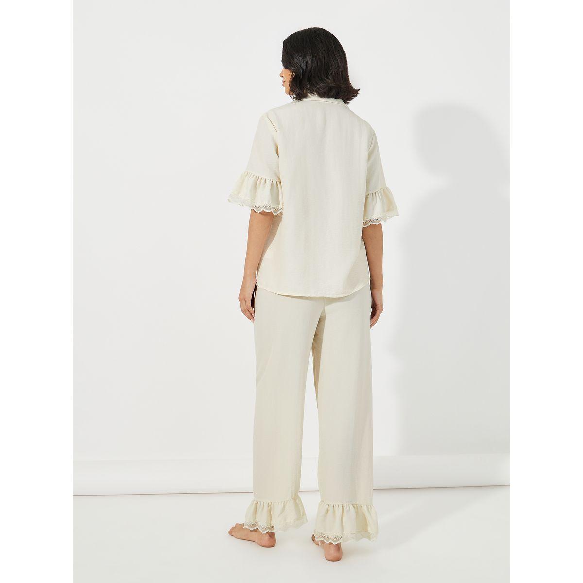 Styli Unwind Textured Ruffled Hem Lace Detail Shirt & Pyjama Set-women-clothing-nightwear-pyjamas-longsets-image-5