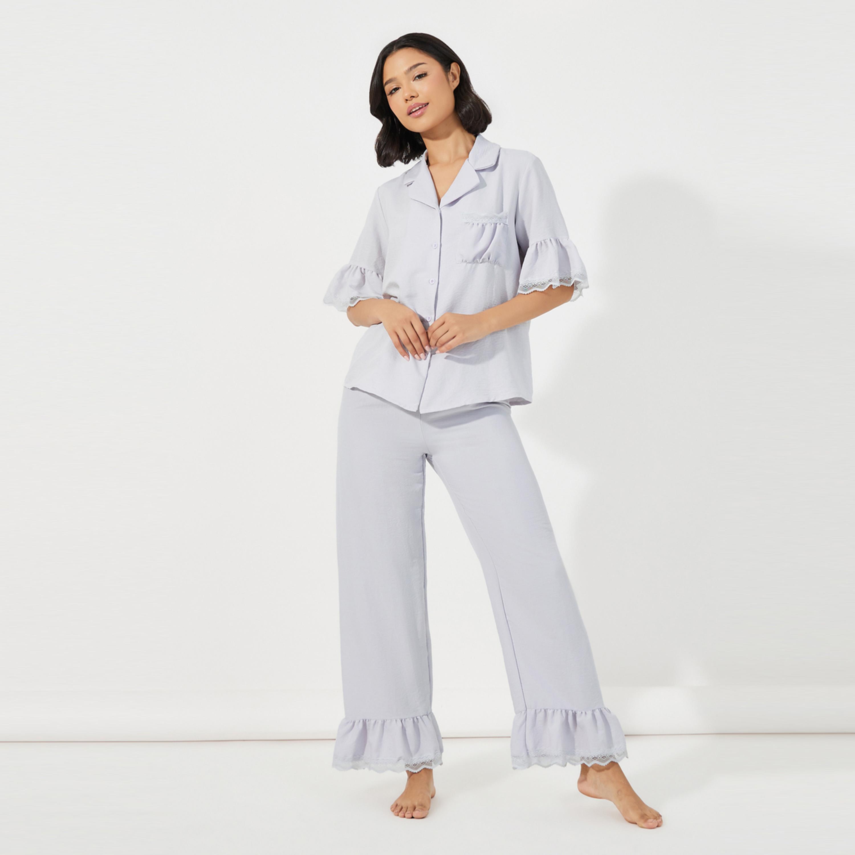 Styli Unwind Textured Ruffled Hem Lace Detail Shirt & Pyjama Set-women-clothing-nightwear-pyjamas-longsets-image-1