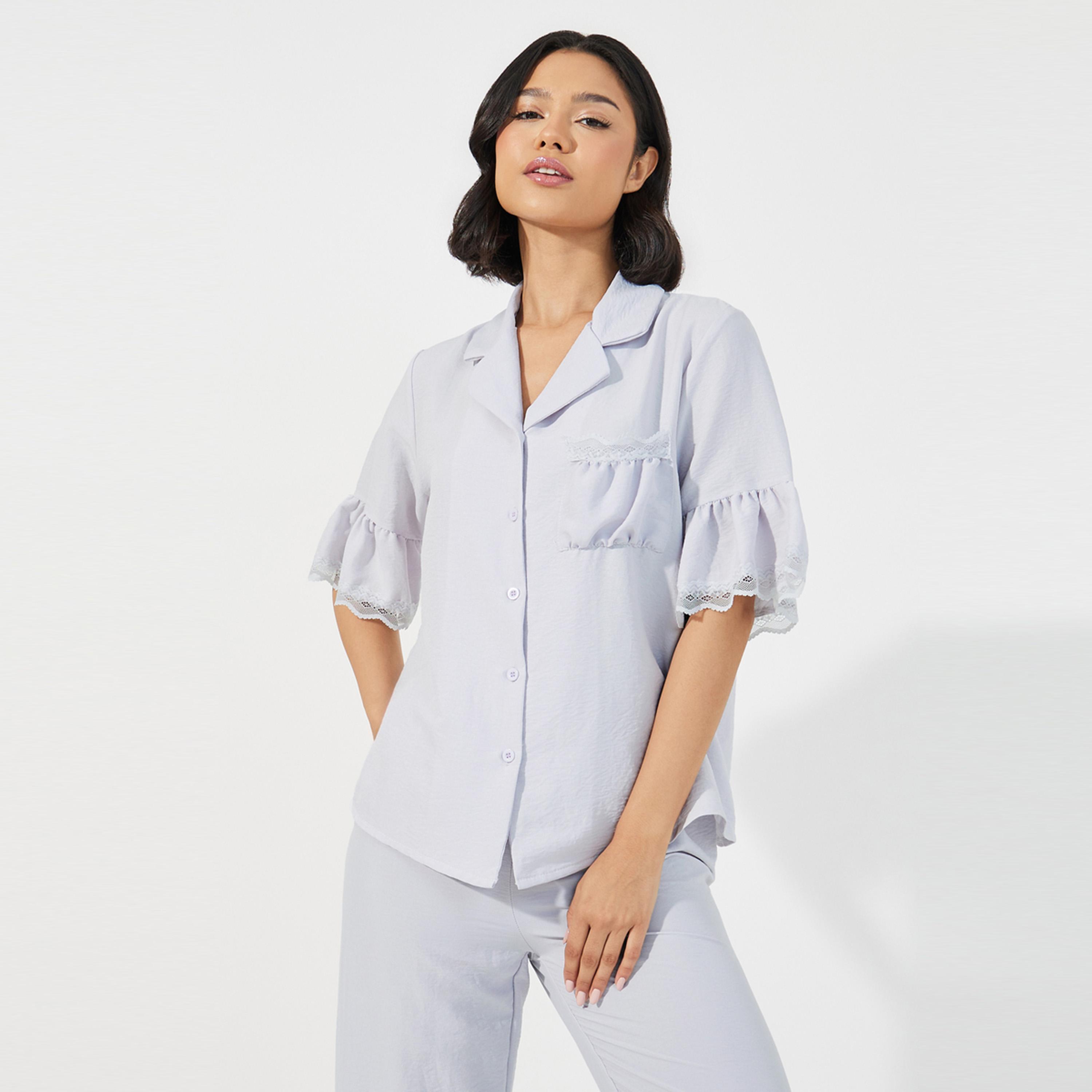 Styli Unwind Textured Ruffled Hem Lace Detail Shirt & Pyjama Set-women-clothing-nightwear-pyjamas-longsets-image-2