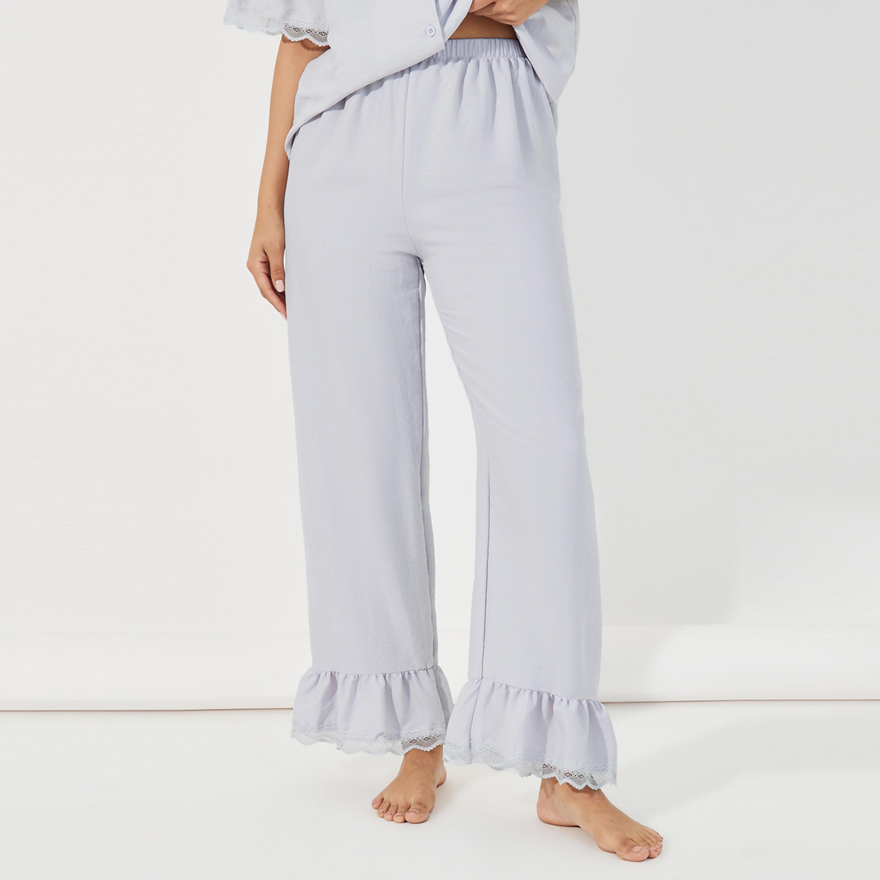Styli Unwind Textured Ruffled Hem Lace Detail Shirt & Pyjama Set-women-clothing-nightwear-pyjamas-longsets-image-5