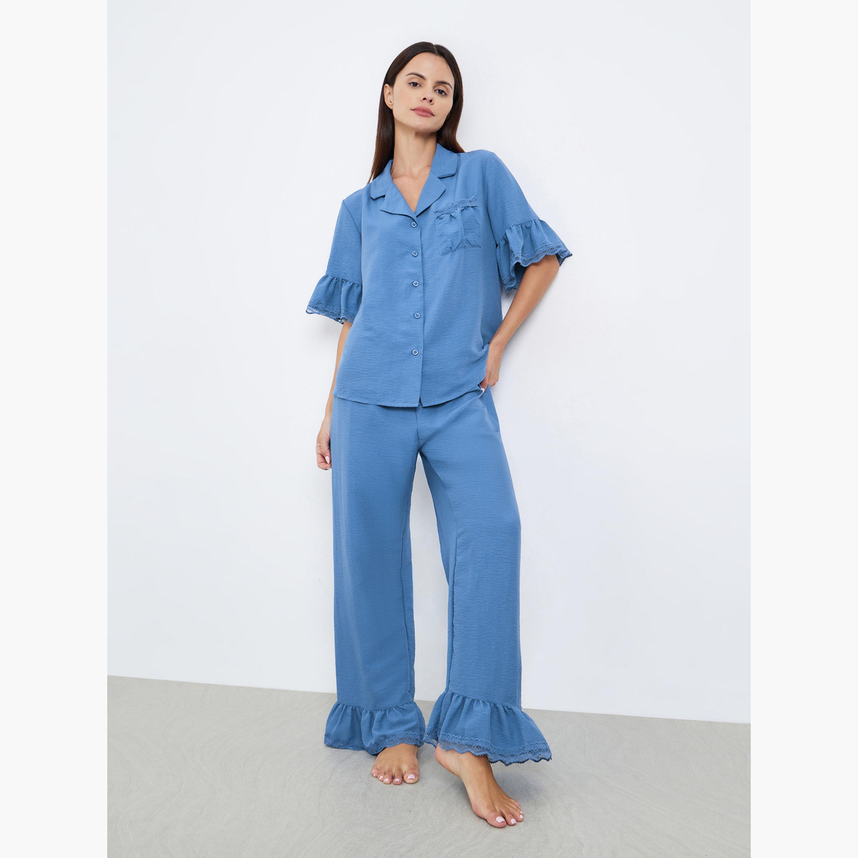 Styli Textured Ruffled Hem Lace Detail Shirt and Pyjama Set-women-clothing-nightwear-pyjamas-longsets-image-1
