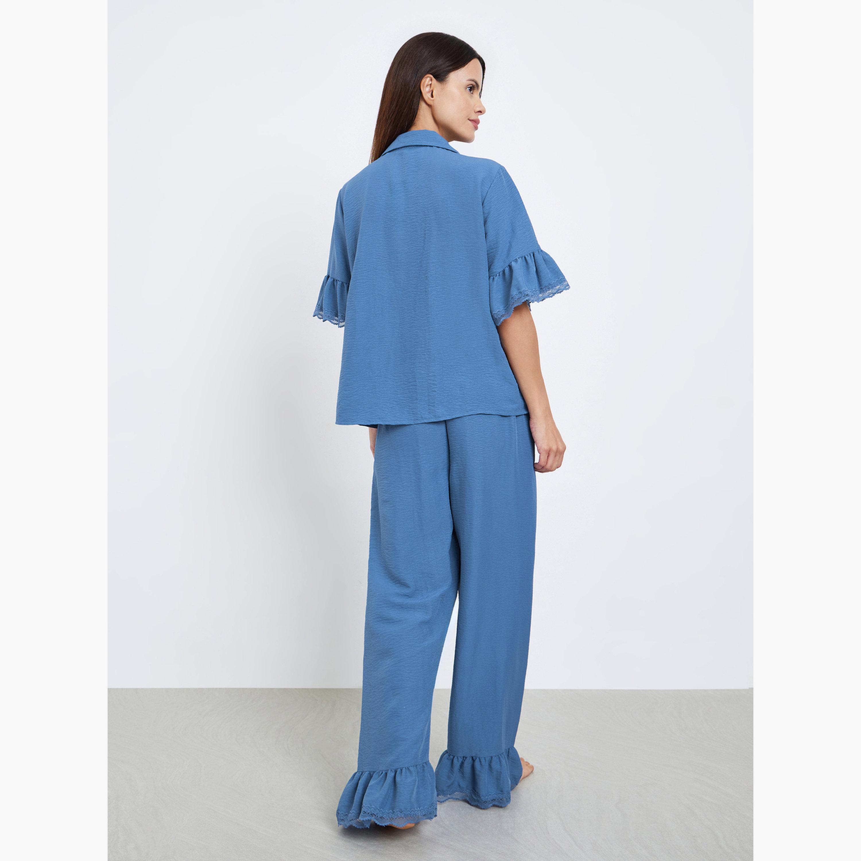 Styli Textured Ruffled Hem Lace Detail Shirt and Pyjama Set-women-clothing-nightwear-pyjamas-longsets-image-2