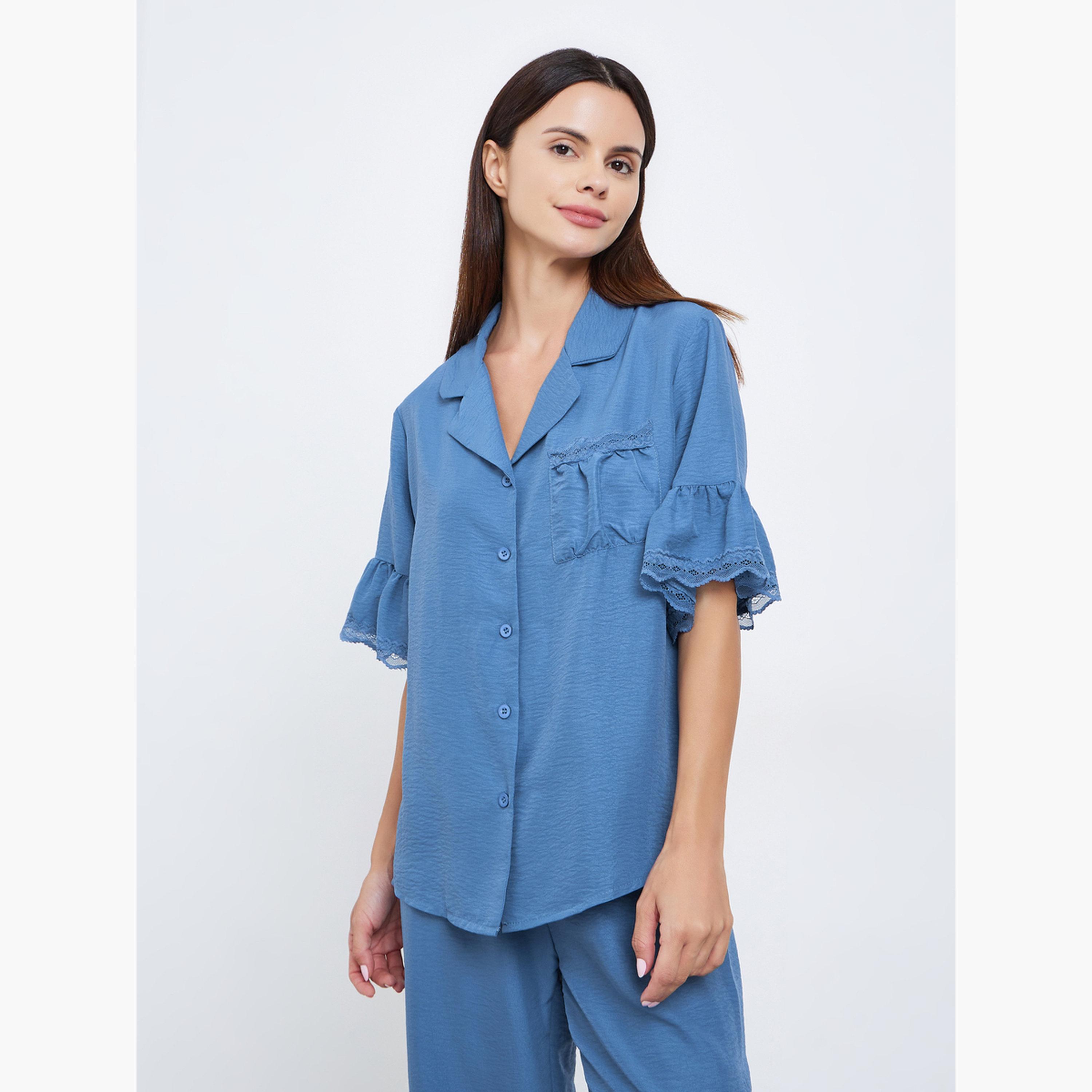 طقم بيجاما من بنطال وبلوزة بتفاصيل دانتيل وحافة كشكش-women-clothing-nightwear-pyjamas-longsets-image-4