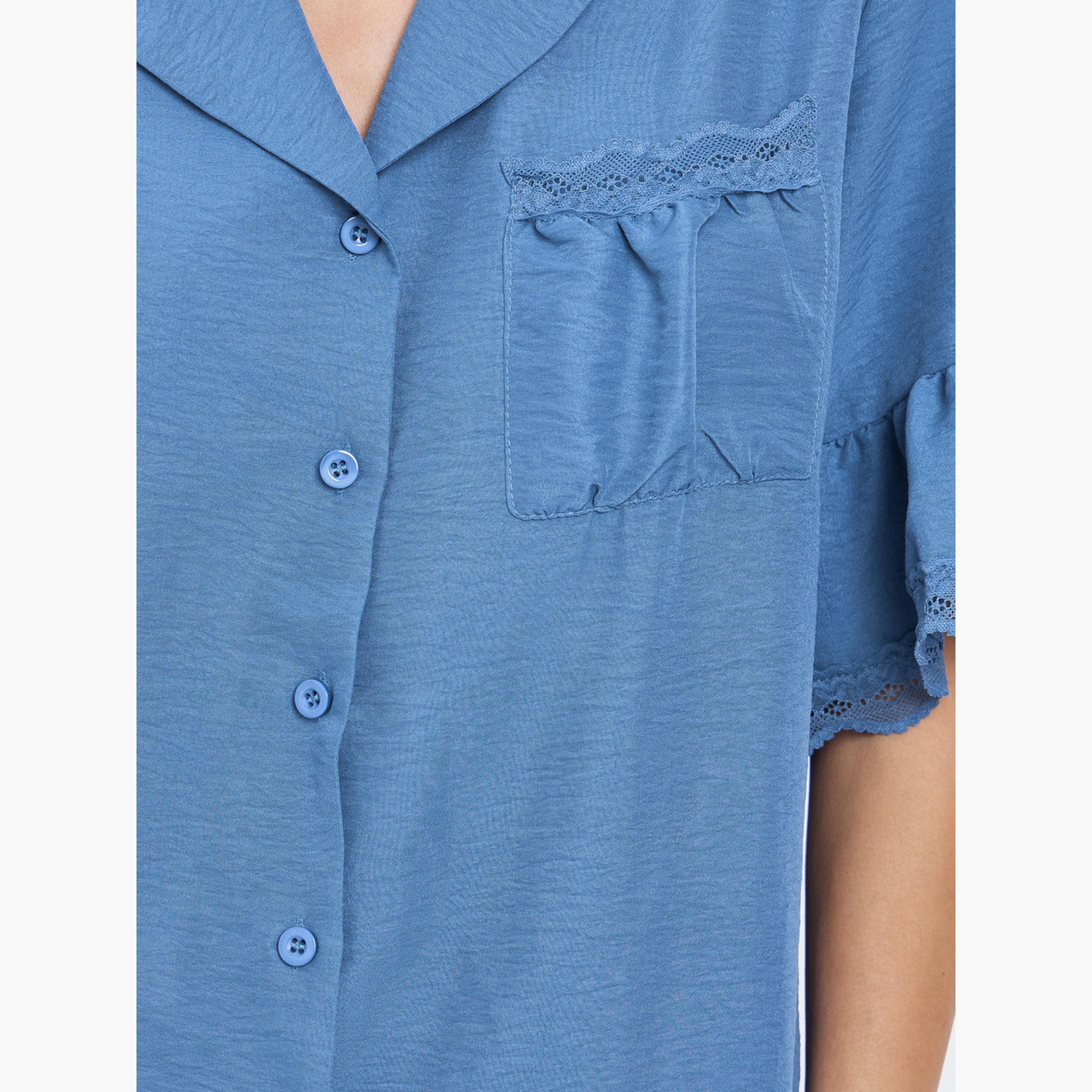 Styli Textured Ruffled Hem Lace Detail Shirt and Pyjama Set-women-clothing-nightwear-pyjamas-longsets-image-5