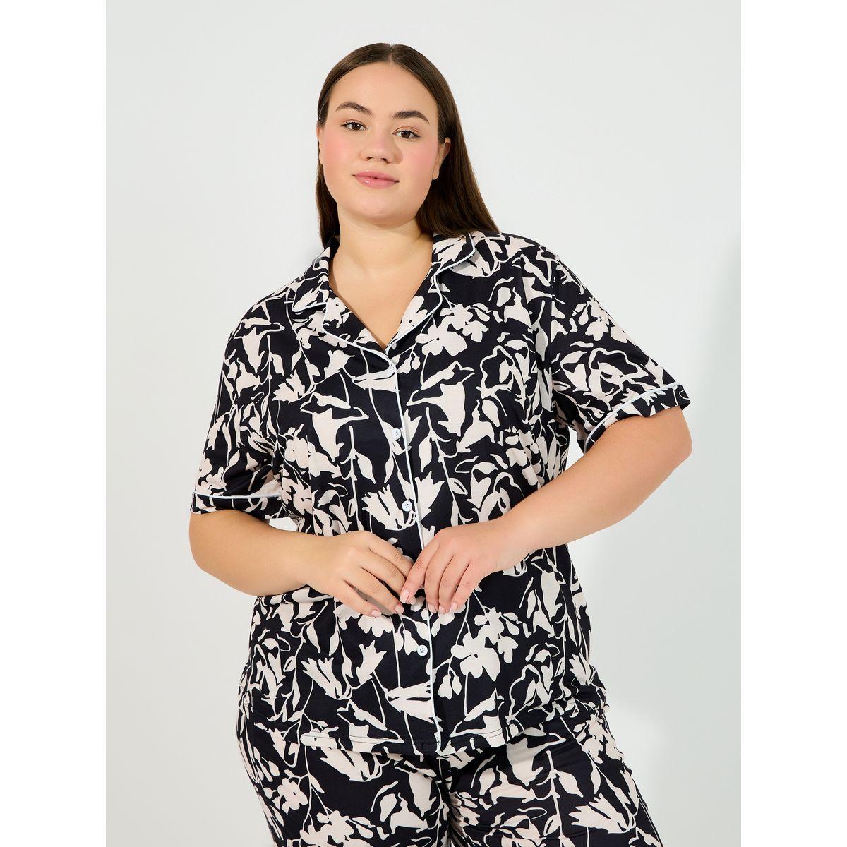 Styli Unwind Plus Size Mono Floral Print Shirt & Pyjama Set-women-clothing-nightwear-pyjamas-longsets-image-2