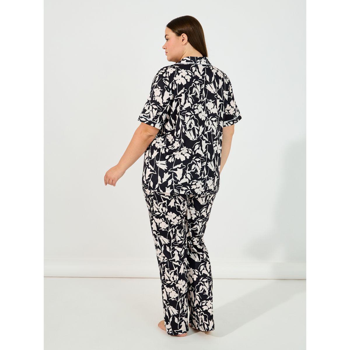 Styli Unwind Plus Size Mono Floral Print Shirt & Pyjama Set-women-clothing-nightwear-pyjamas-longsets-image-4