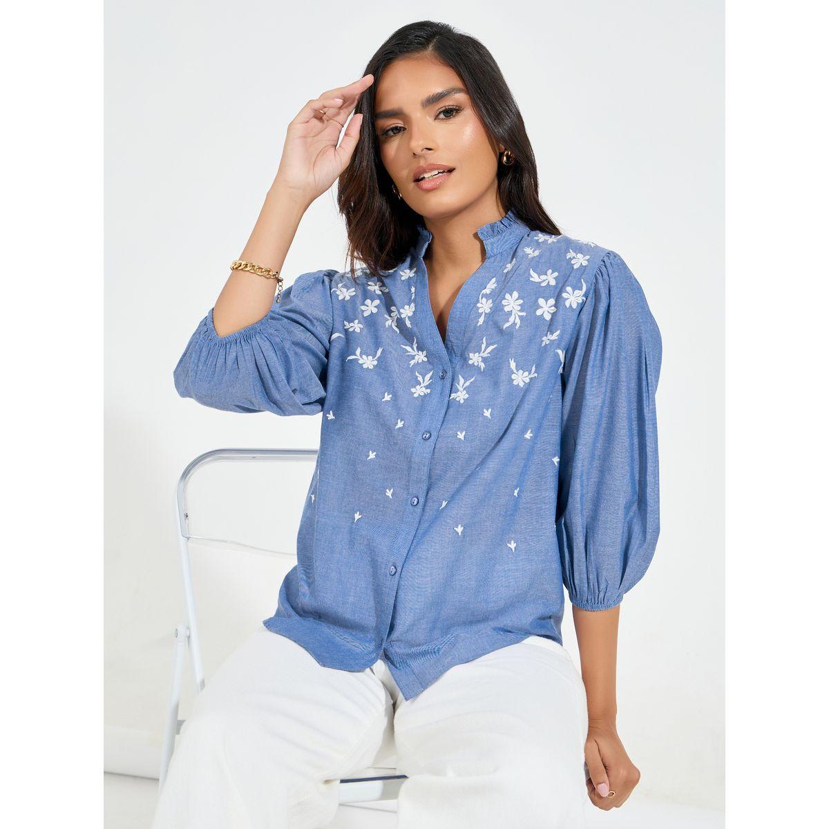 Styli Chambray Embroidered Buttoned Blouse with Balloon Sleeve-women-clothing-shirtsandblouses-blouses-image-1