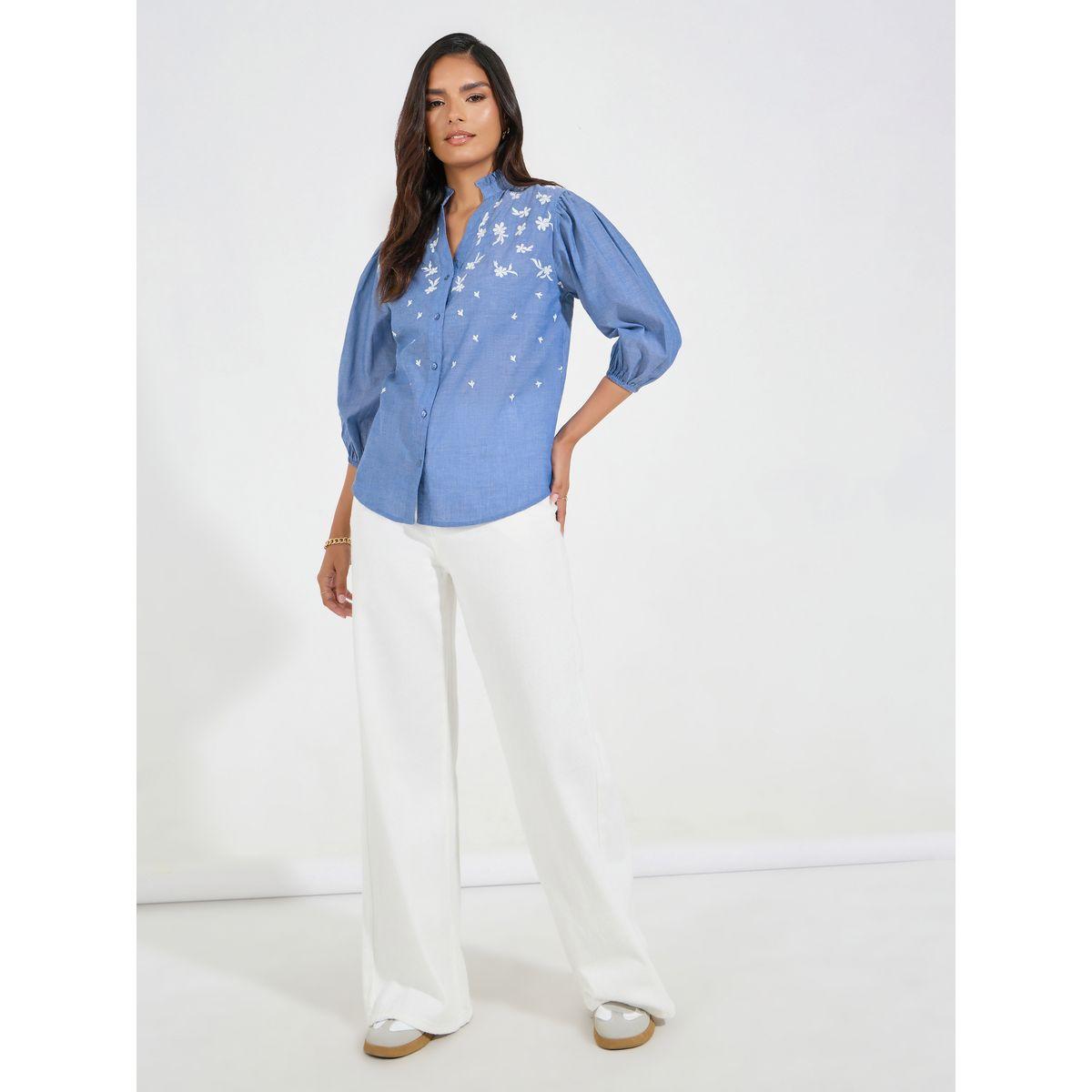 Styli Chambray Embroidered Buttoned Blouse with Balloon Sleeve-women-clothing-shirtsandblouses-blouses-image-2