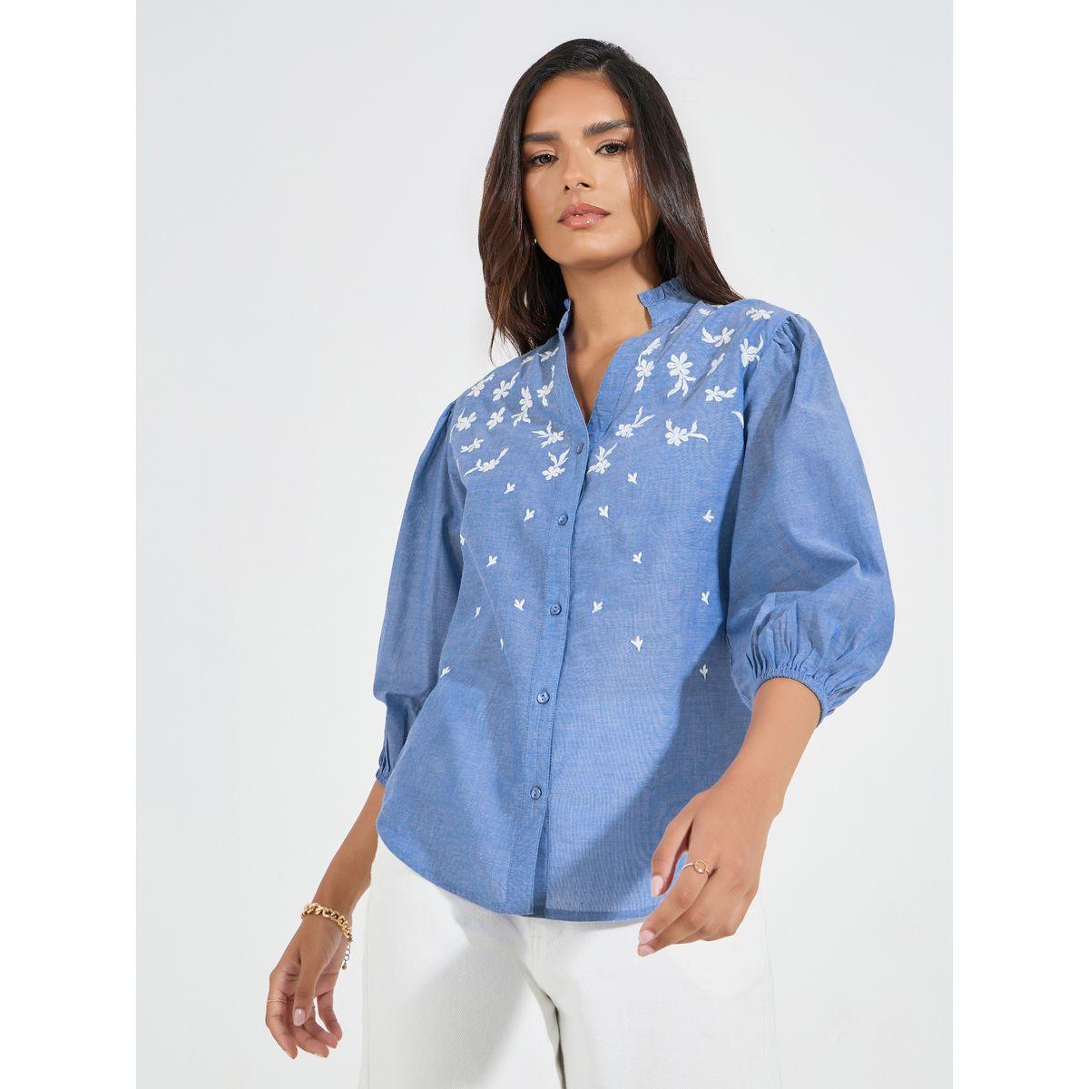 Styli Chambray Embroidered Buttoned Blouse with Balloon Sleeve-women-clothing-shirtsandblouses-blouses-image-3