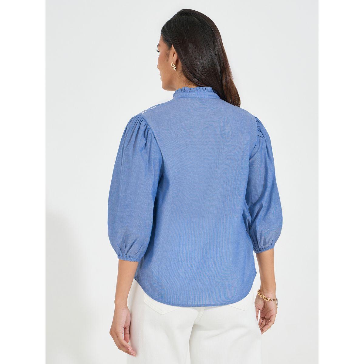 Styli Chambray Embroidered Buttoned Blouse with Balloon Sleeve-women-clothing-shirtsandblouses-blouses-image-5