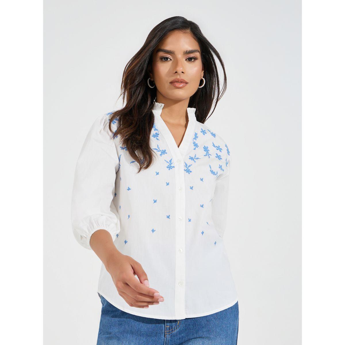 Styli Chambray Embroidered Buttoned Blouse with Balloon Sleeve-women-clothing-shirtsandblouses-blouses-image-1