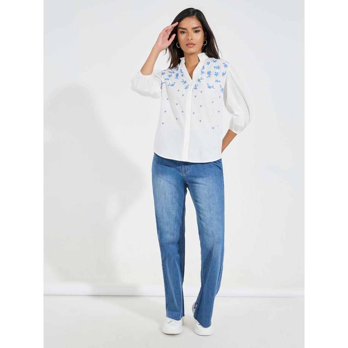 Styli Chambray Embroidered Buttoned Blouse with Balloon Sleeve-women-clothing-shirtsandblouses-blouses-image-2