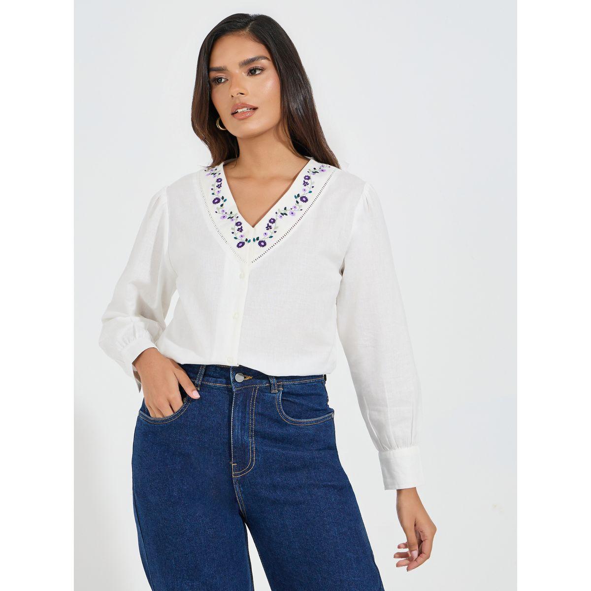 Styli Embroidery Detail V Neck Blouse with Cuffed Sleeve-women-clothing-shirtsandblouses-blouses-image-1
