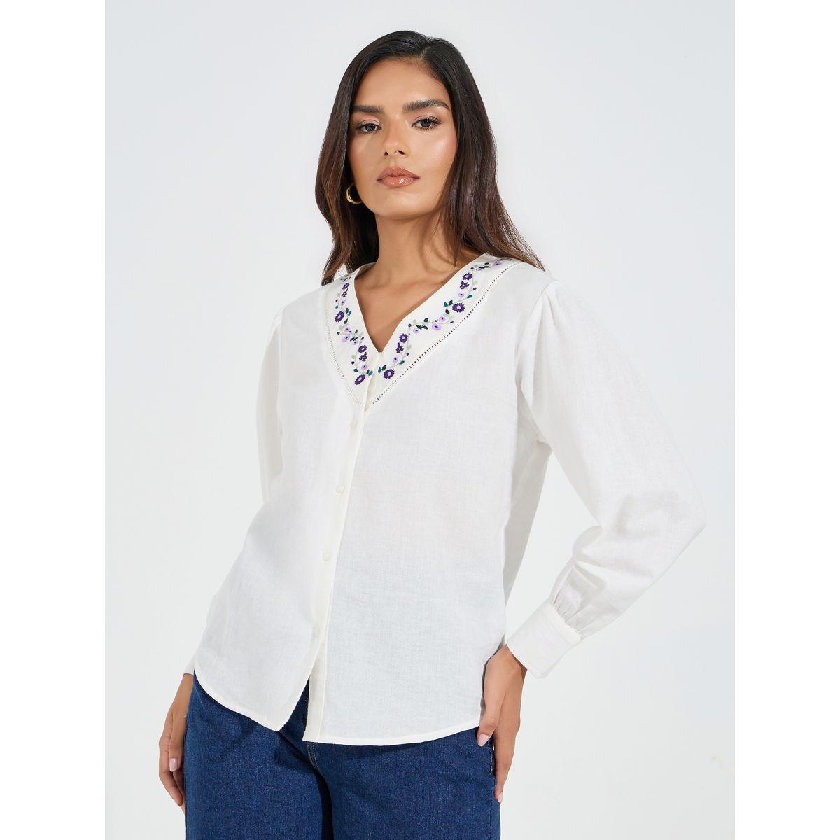 Styli Embroidery Detail V Neck Blouse with Cuffed Sleeve-women-clothing-shirtsandblouses-blouses-image-3