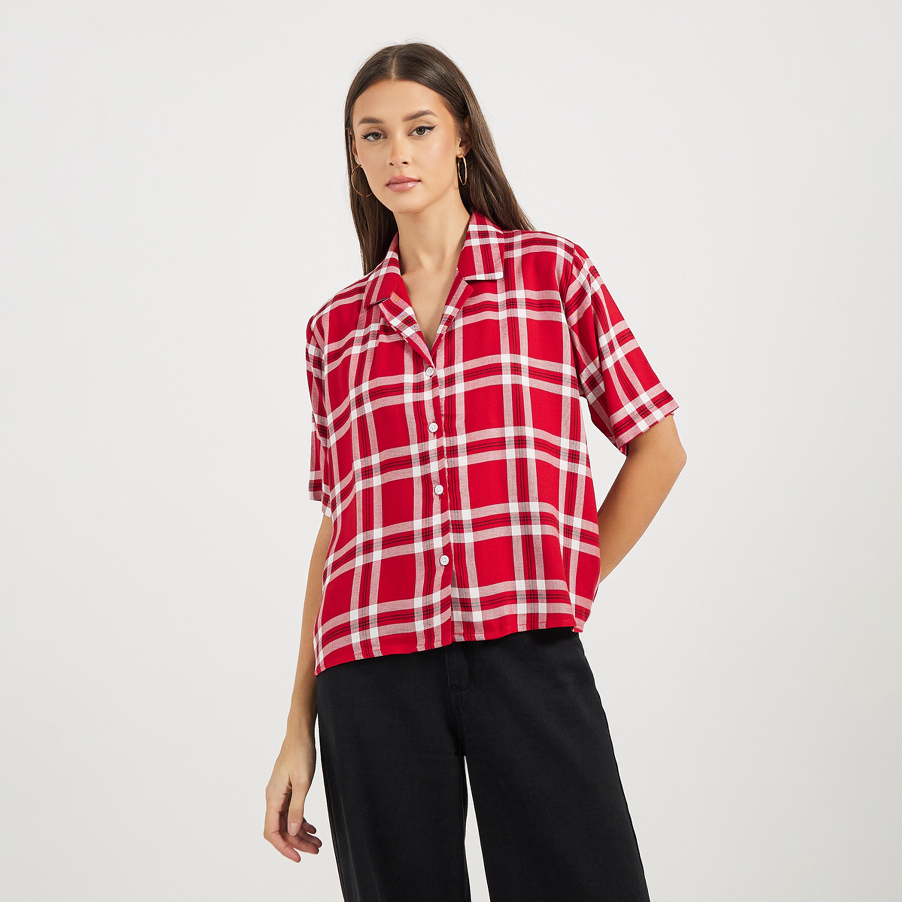 ستايلي - قميص منقوش فضفاض بأكمام قصيرة-women-clothing-shirtsandblouses-shirts-image-1