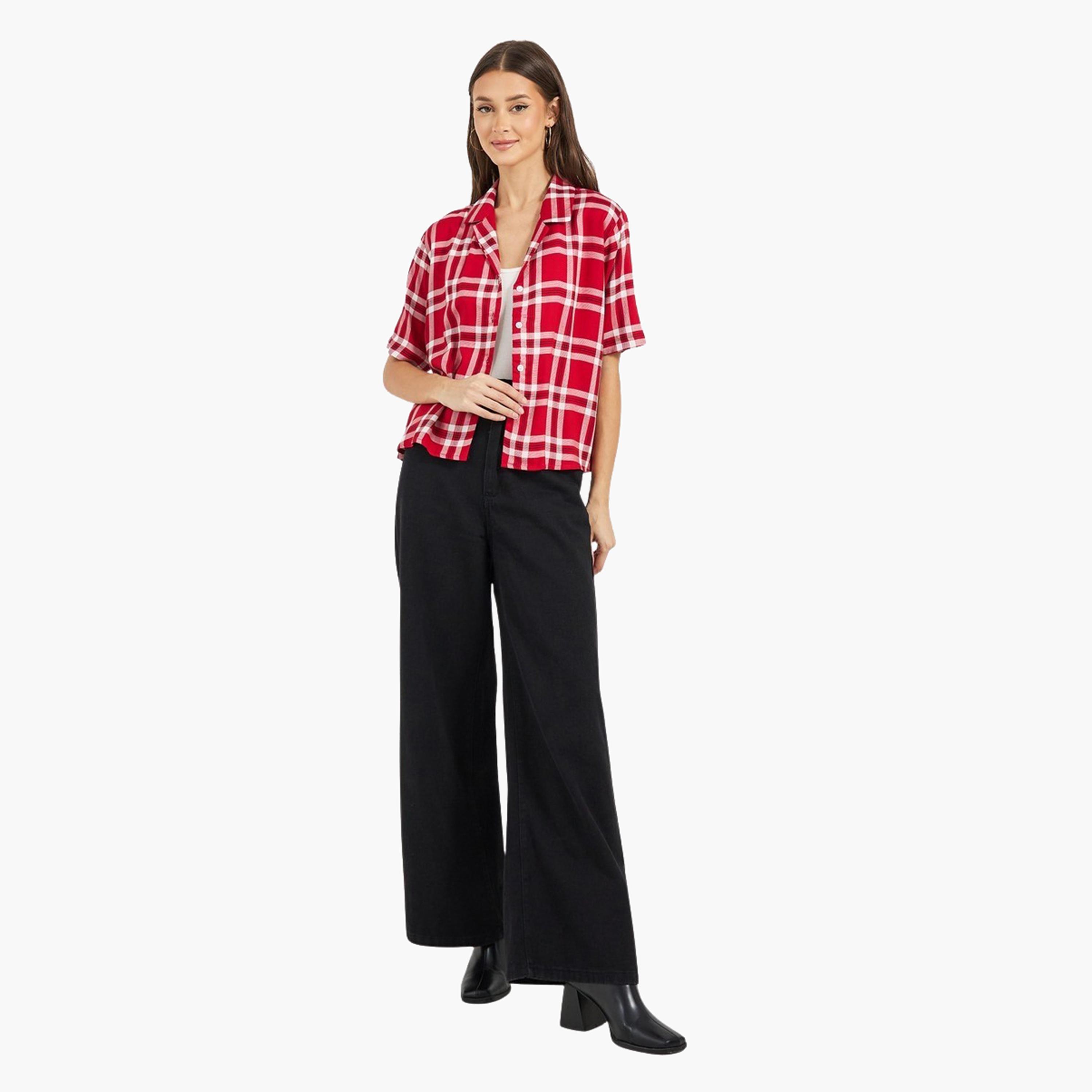 Styli Checked Loose Fit Short Sleeve Shirt-women-clothing-shirtsandblouses-shirts-image-2
